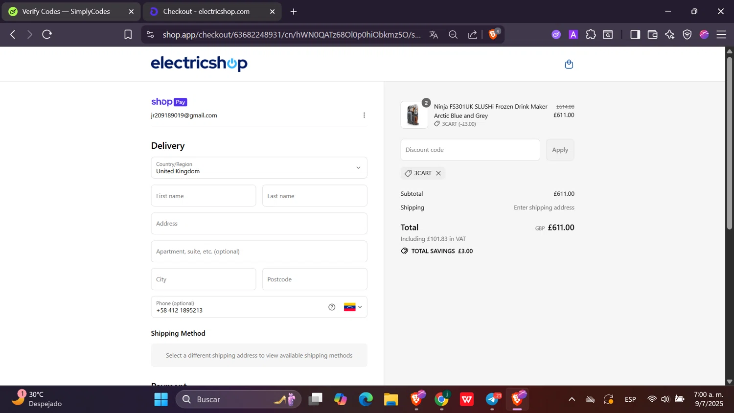 Electricshop discount code screenshot showing code 3CART applied at Electricshop checkout page. Uploaded by SimplyCodes community member Toji_fushiguro on Jul 9, 2025