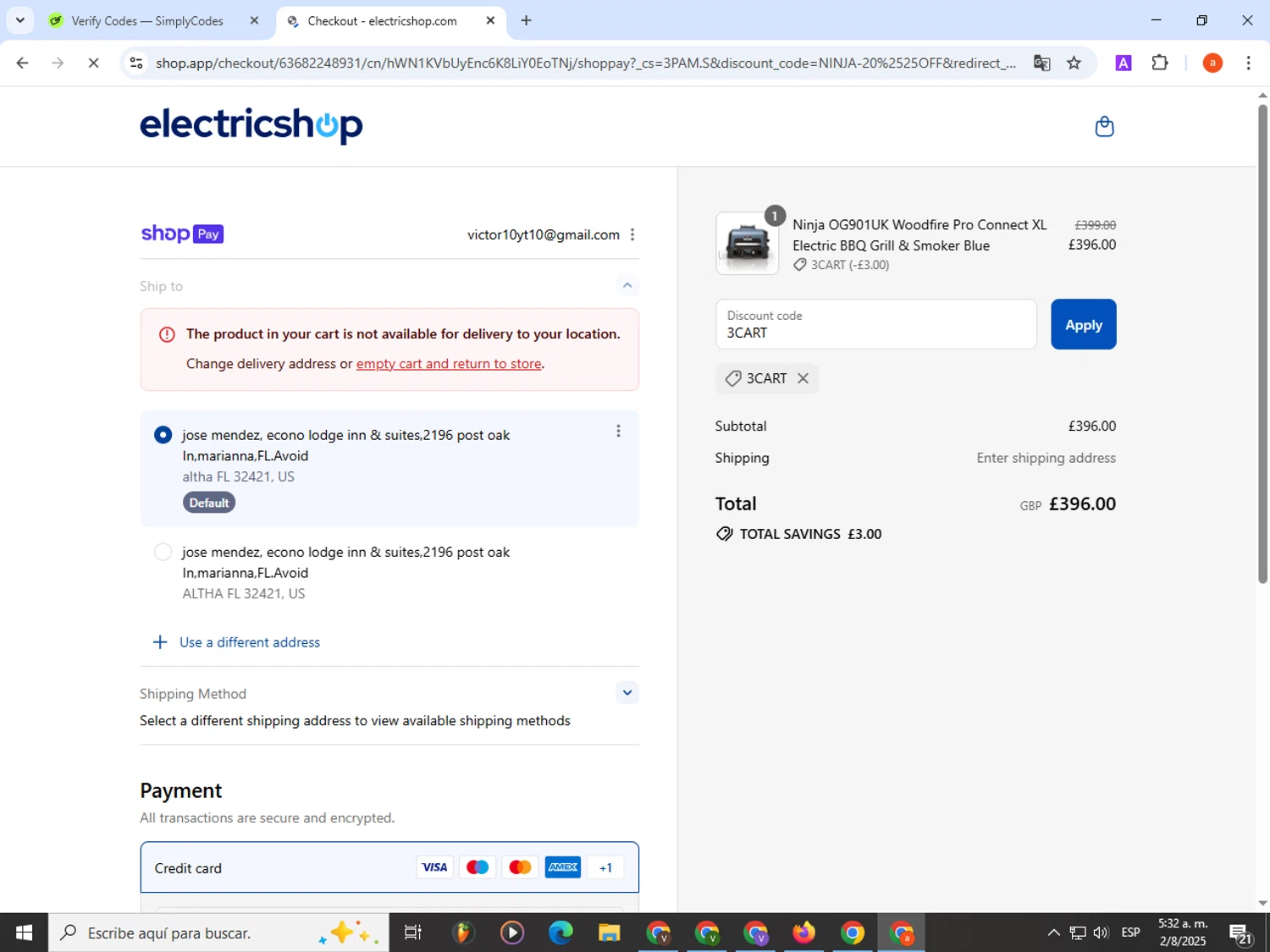 Electricshop discount code screenshot showing code 3CART applied at Electricshop checkout page. Uploaded by SimplyCodes community member partenalgas on Aug 2, 2025