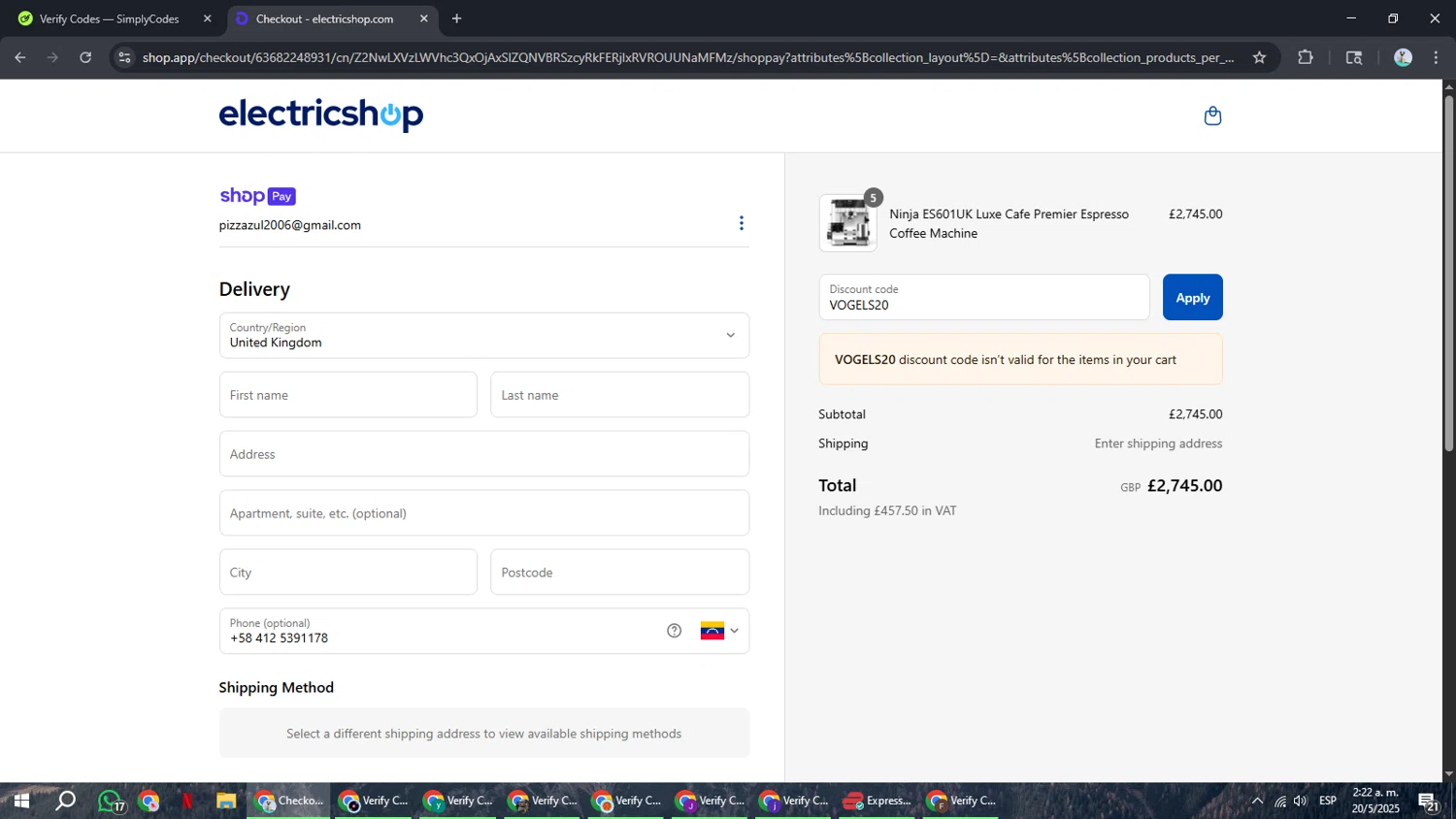 Electricshop discount code screenshot showing code VOGELS20 applied at Electricshop checkout page. Uploaded by SimplyCodes community member ShrewdSeeker6165 on May 20, 2025