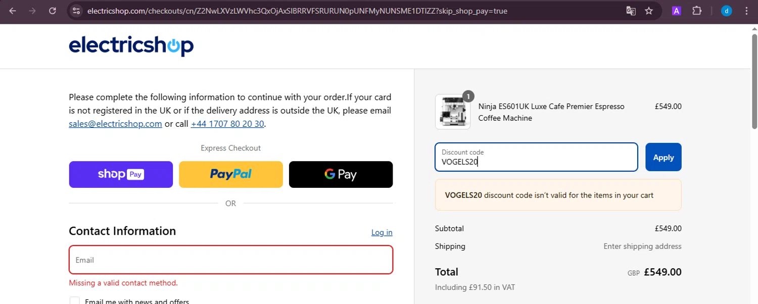 Electricshop discount code screenshot showing code VOGELS20 applied at Electricshop checkout page. Uploaded by SimplyCodes community member ShieldKnight4744 on Mar 19, 2025