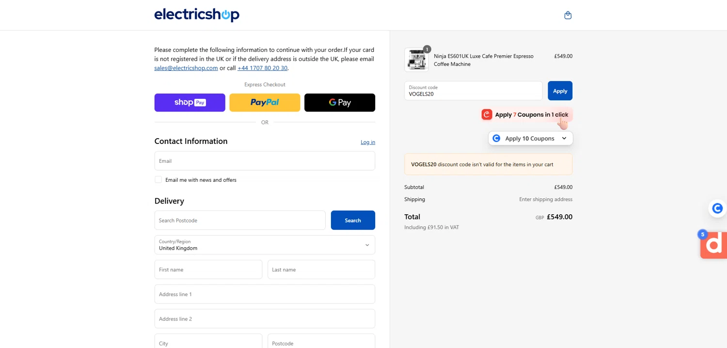 Electricshop discount code screenshot showing code VOGELS20 applied at Electricshop checkout page. Uploaded by SimplyCodes community member Dorothy on Mar 19, 2025