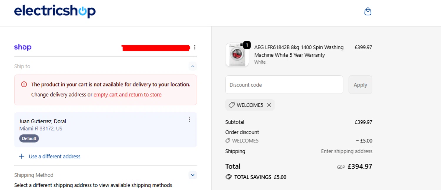 Electricshop discount code screenshot showing code WELCOME5 applied at Electricshop checkout page. Uploaded by SimplyCodes community member THEPOWER on Oct 19, 2025