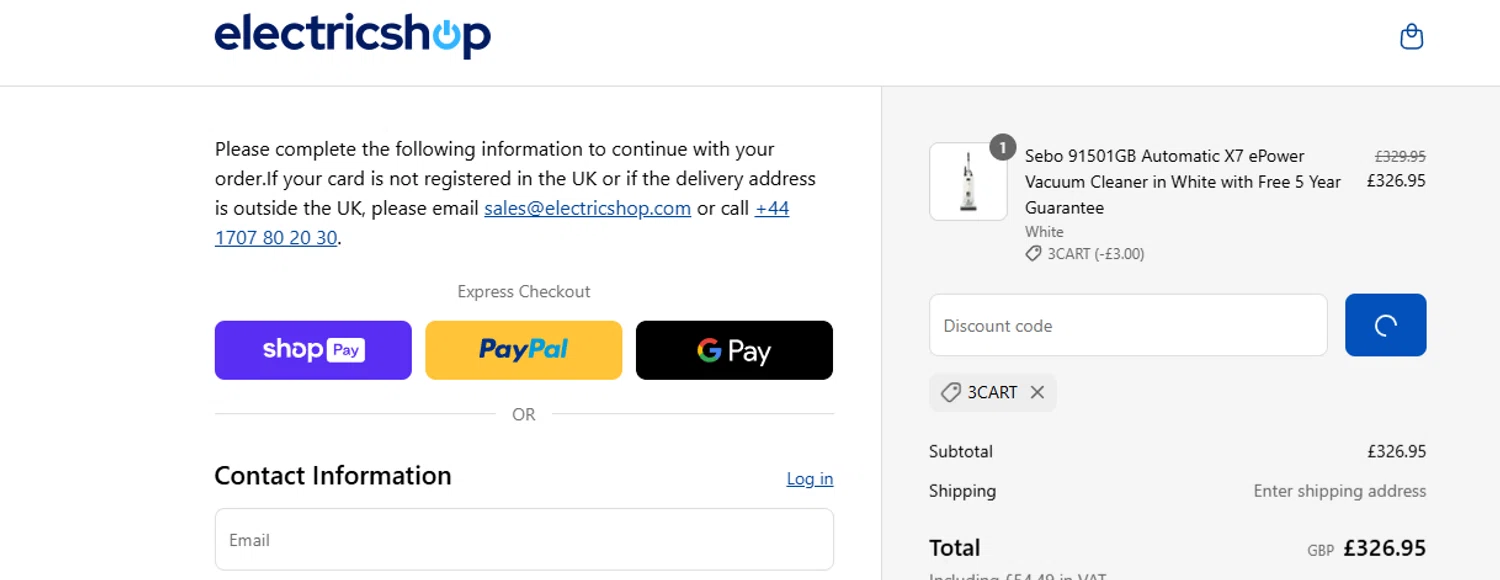 Electricshop discount code screenshot showing code 3CART applied at Electricshop checkout page. Uploaded by SimplyCodes community member ashe1986 on Jul 9, 2025