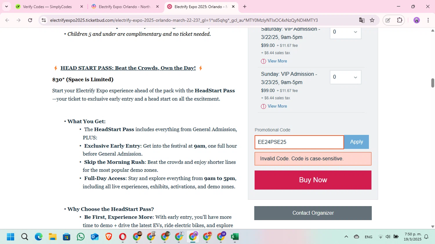 Electrify Expo discount code screenshot showing code EE24PSE25 applied at Electrify Expo checkout page. Uploaded by SimplyCodes community member MariAPB on Mar 19, 2025