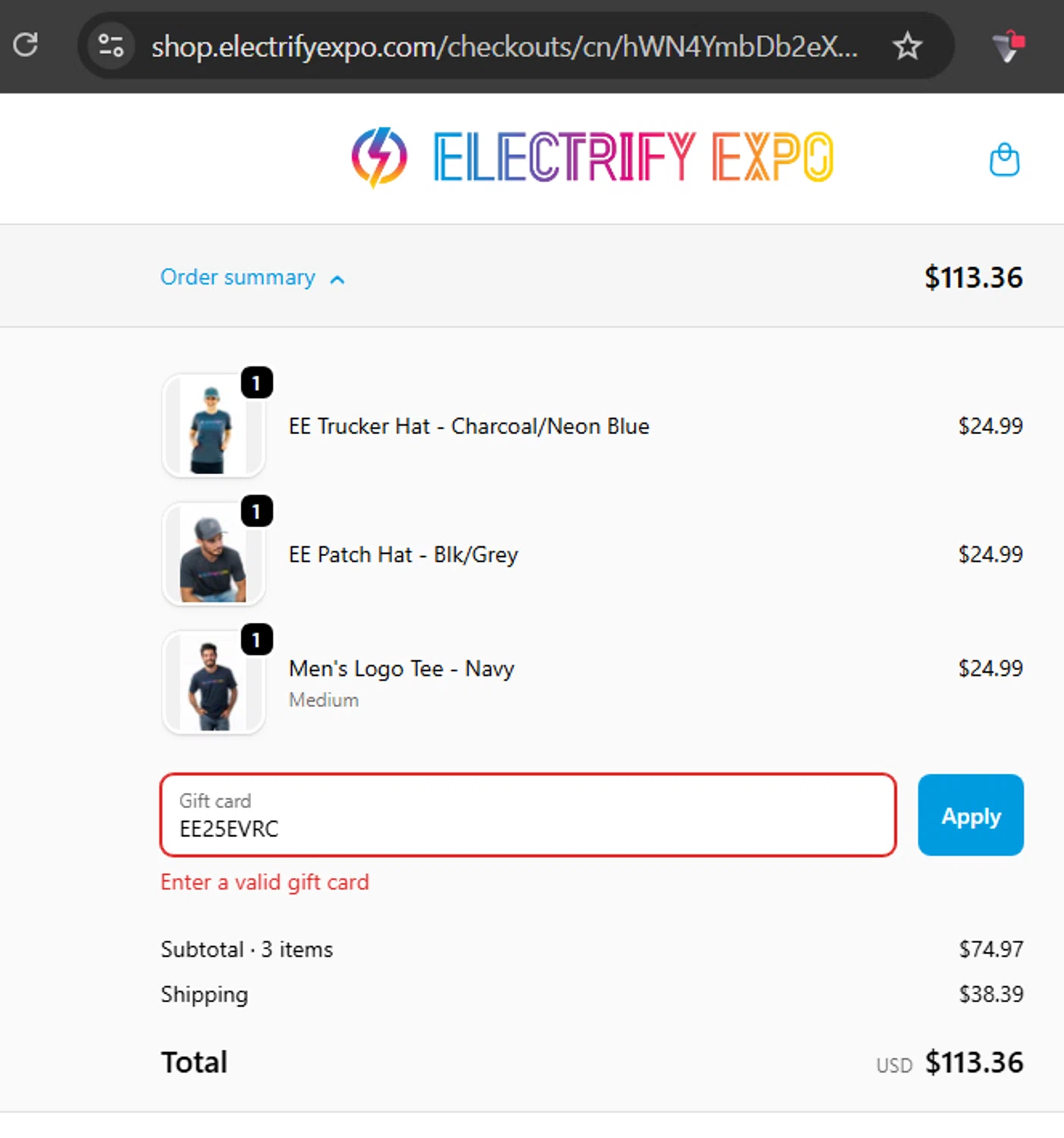 Electrify Expo discount code screenshot showing code EE25EVRC applied at Electrify Expo checkout page. Uploaded by SimplyCodes community member TheYeffry on Oct 26, 2025