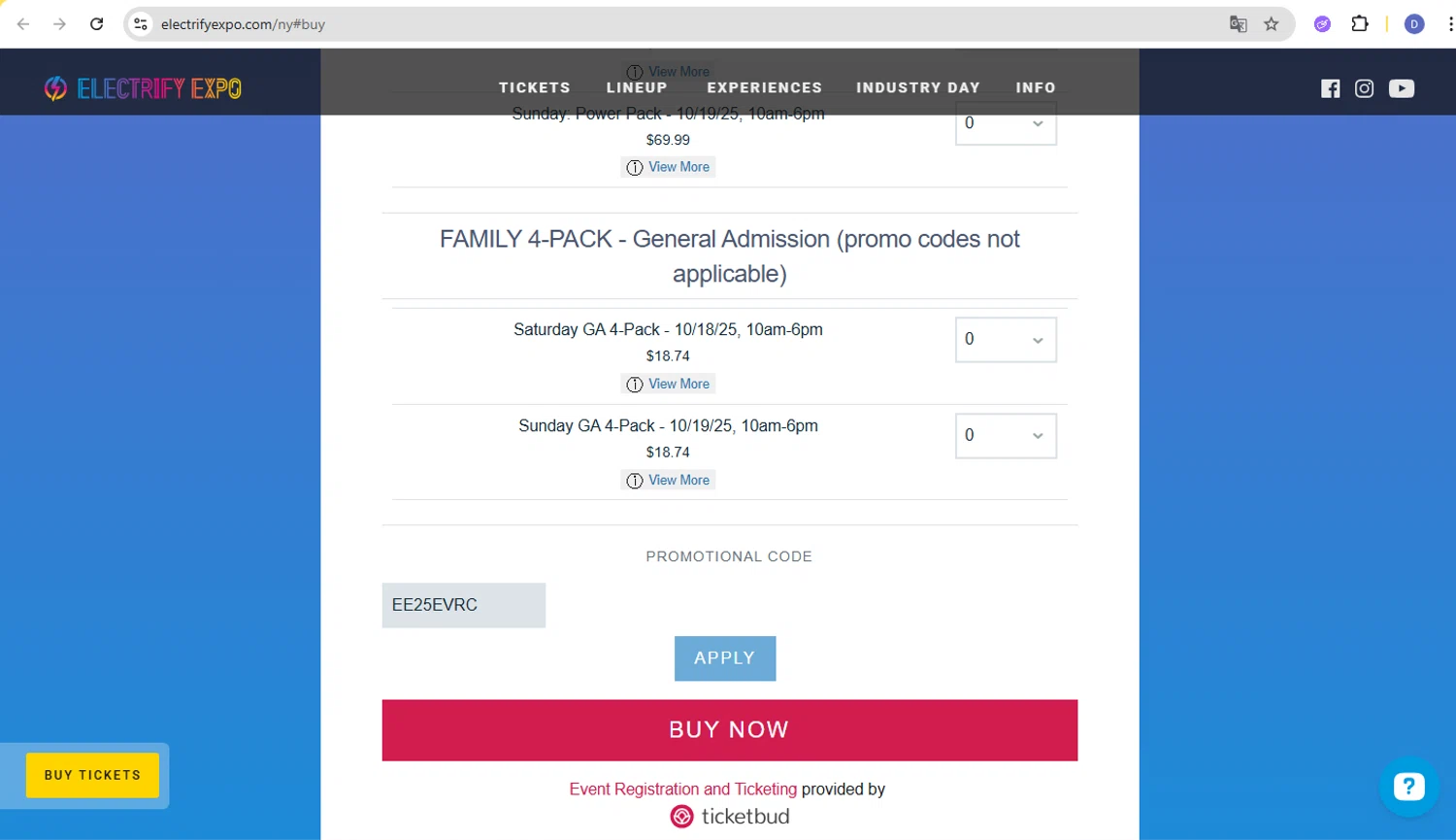Electrify Expo discount code screenshot showing code EE25EVRC applied at Electrify Expo checkout page. Uploaded by SimplyCodes community member d566ty on Oct 17, 2025