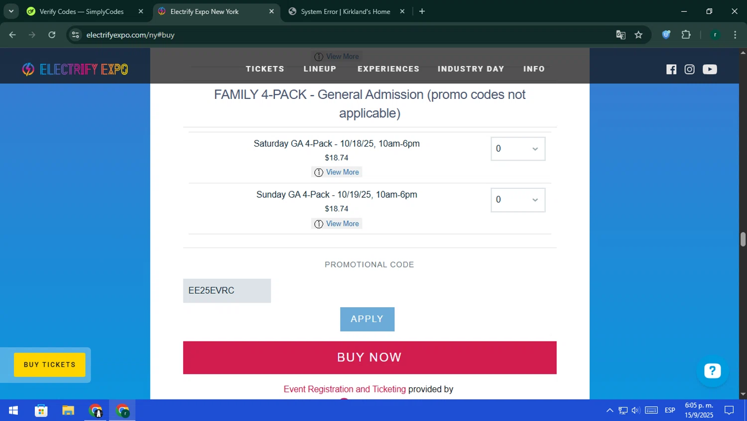 Electrify Expo checkout page showing Electrify Expo discount code box | Screenshot taken by SimplyCodes community member on Sep 15, 2025