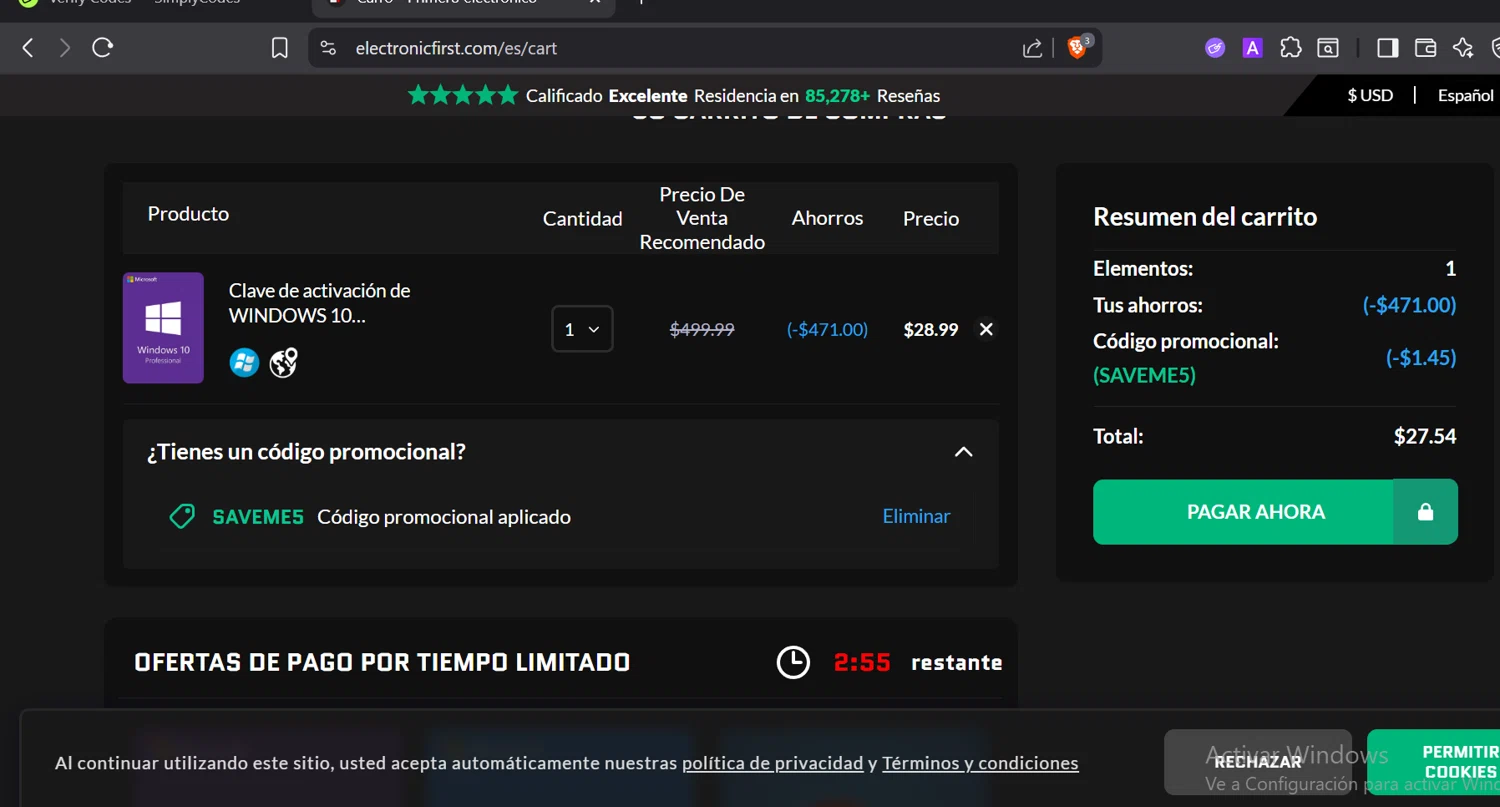 Electronic First promo code screenshot showing code SAVEME5 applied at Electronic First checkout page. Uploaded by SimplyCodes community member CashElite5536 on Jul 26, 2025