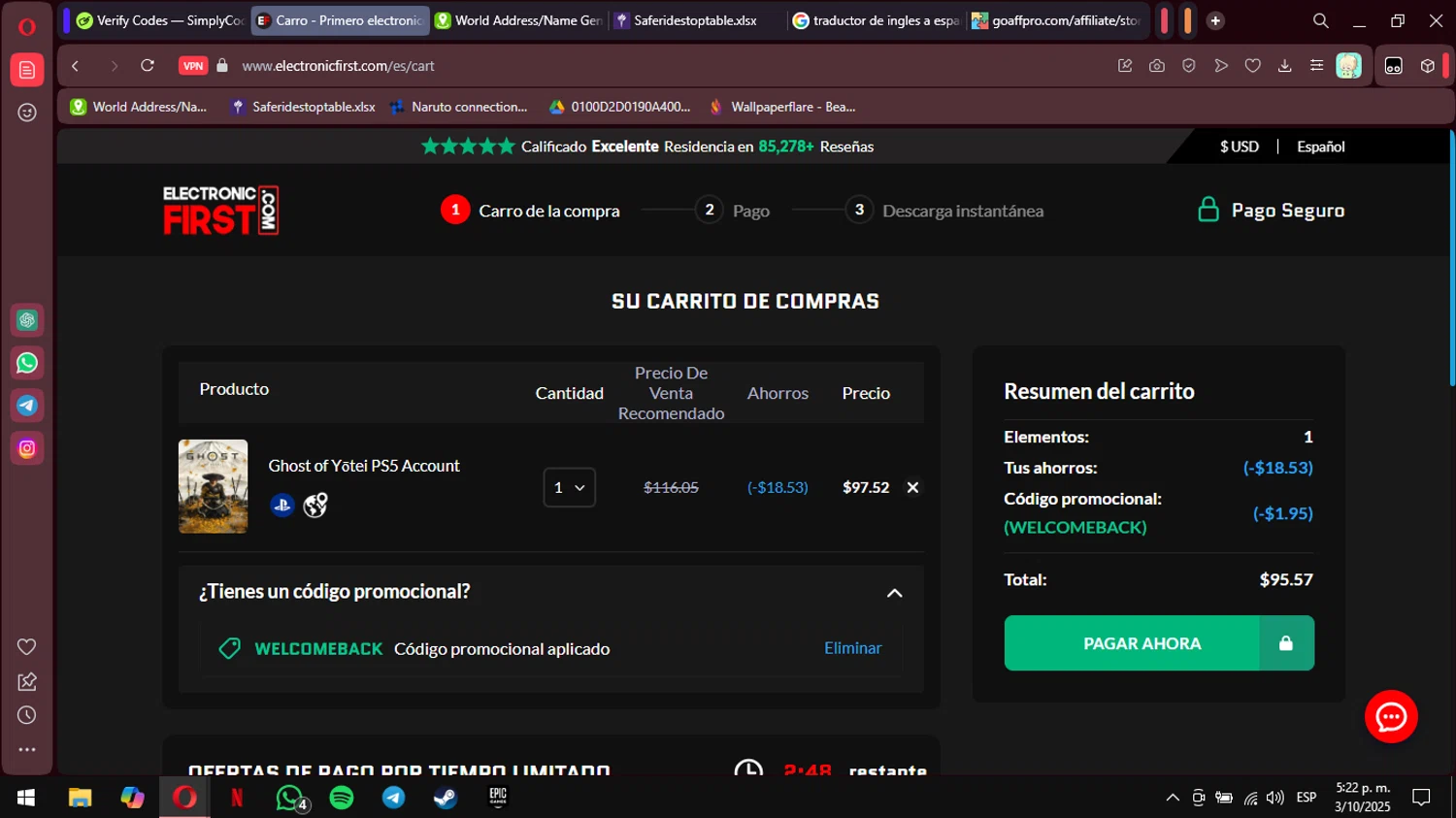 Electronic First promo code screenshot showing code WELCOMEBACK applied at Electronic First checkout page. Uploaded by SimplyCodes community member MimusukyNara on Oct 3, 2025