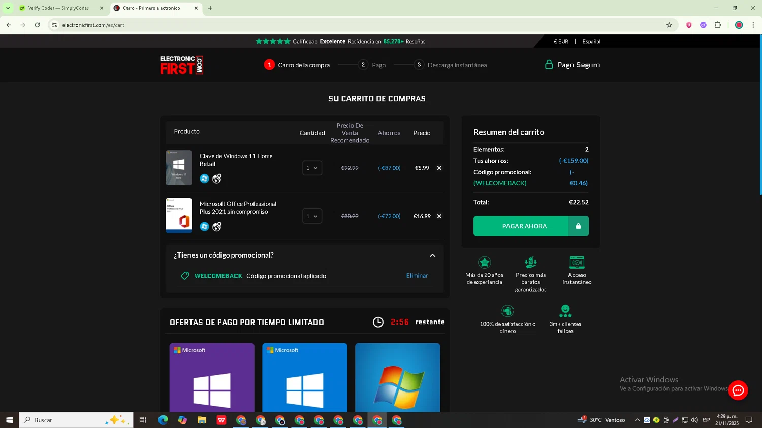 Electronic First promo code screenshot showing code WELCOMEBACK applied at Electronic First checkout page. Uploaded by SimplyCodes community member Robert_Williams on Nov 21, 2025