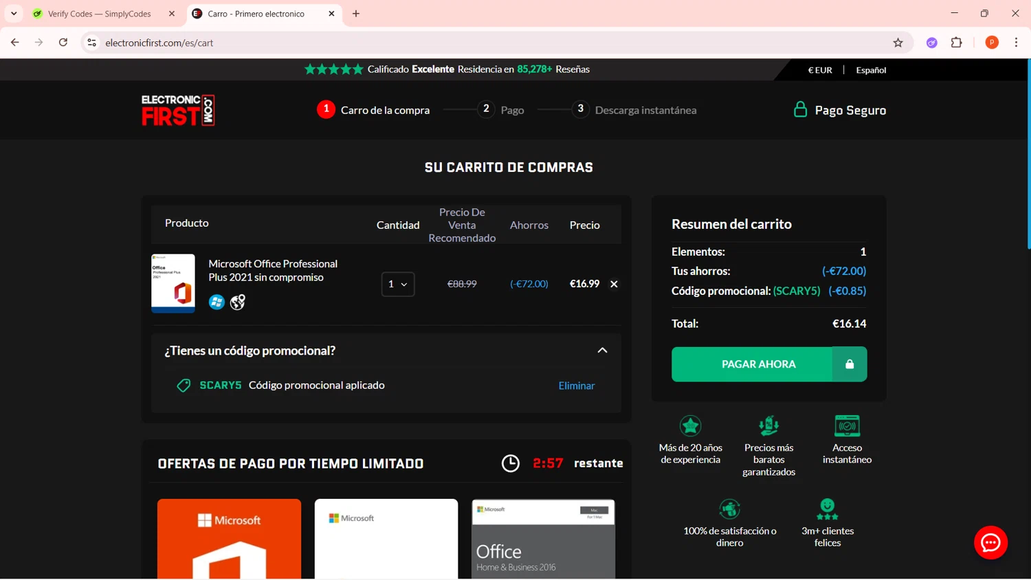 Electronic First promo code screenshot showing code SCARY5 applied at Electronic First checkout page. Uploaded by SimplyCodes community member LegendaryPro3698 on Nov 8, 2025