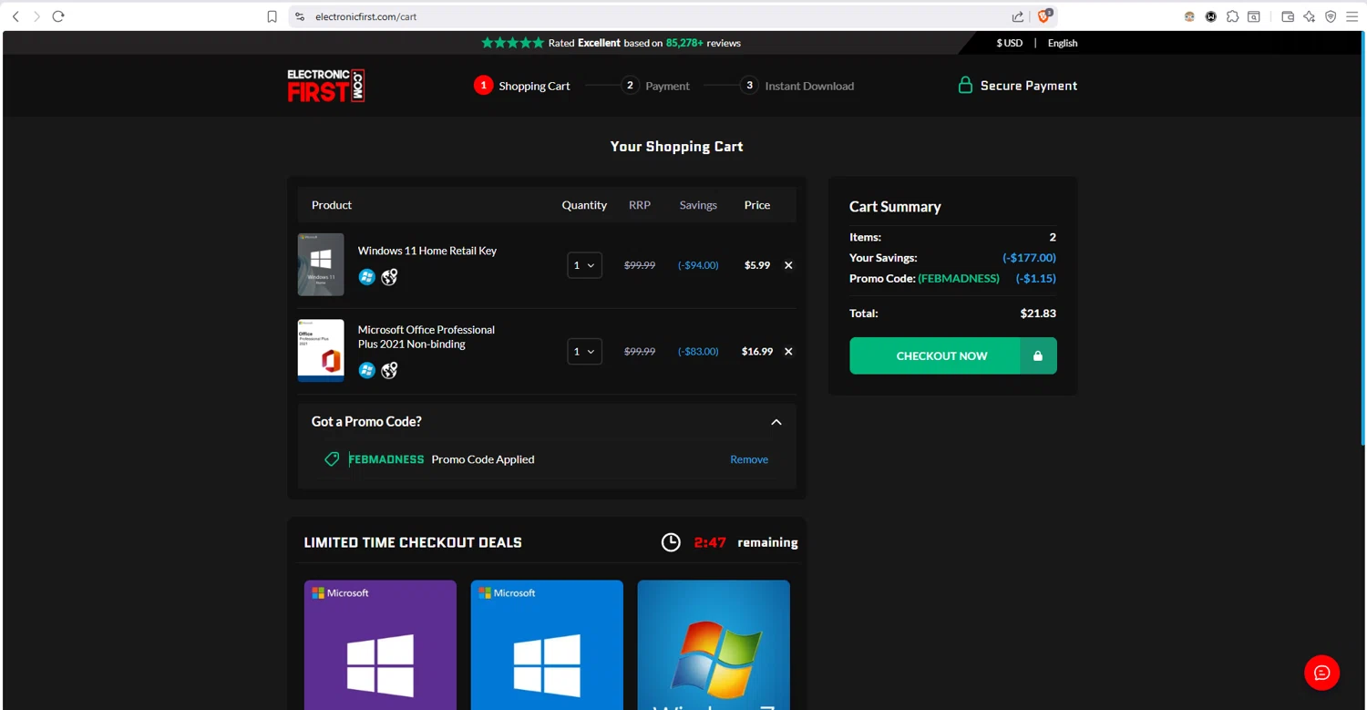 Electronic First checkout page showing Electronic First promo code box | Screenshot taken by SimplyCodes community member on Feb 14, 2026