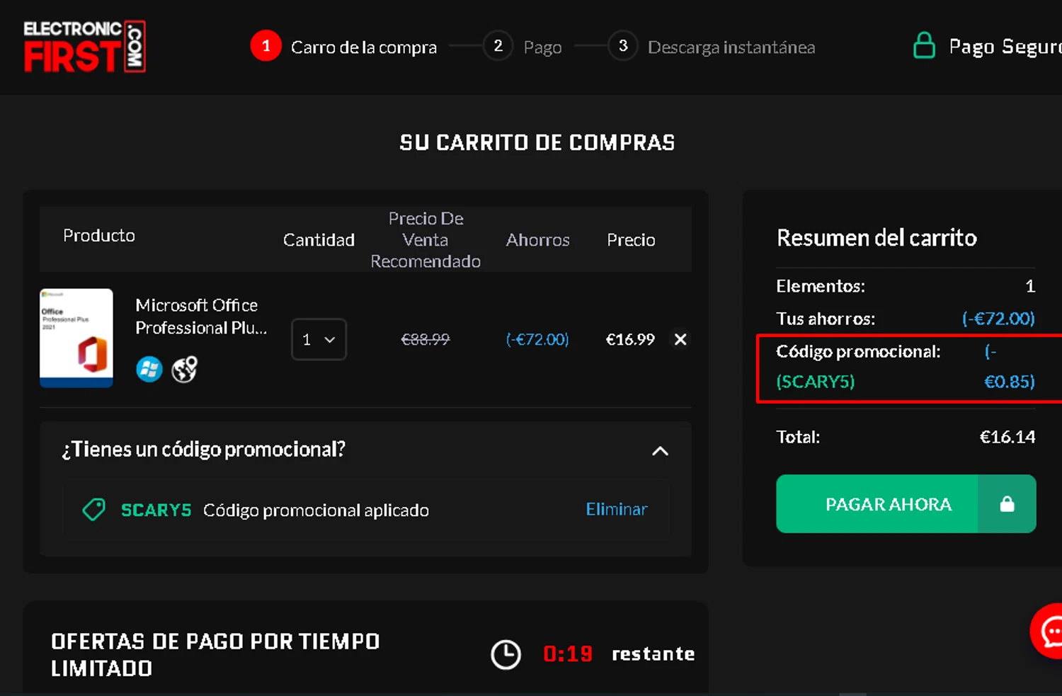 Electronic First promo code screenshot showing code SCARY5 applied at Electronic First checkout page. Uploaded by SimplyCodes community member AMANDA2681 on Nov 1, 2025