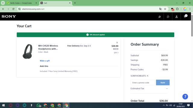 Sony Electronics checkout page showing Sony Electronics promo code box | Screenshot taken by SimplyCodes community member on Aug 28, 2025