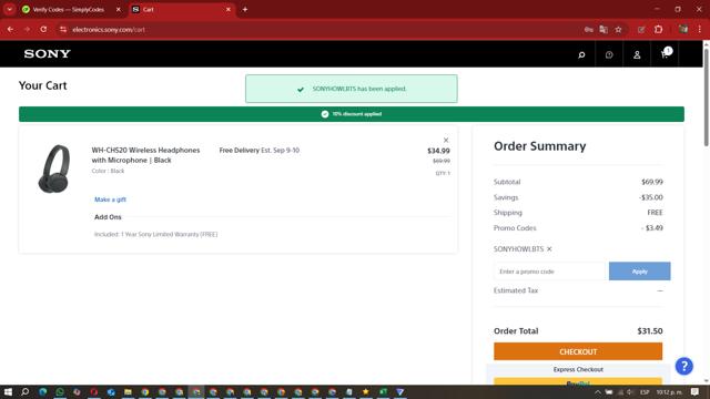 Sony Electronics checkout page showing Sony Electronics promo code box | Screenshot taken by SimplyCodes community member on Sep 8, 2025