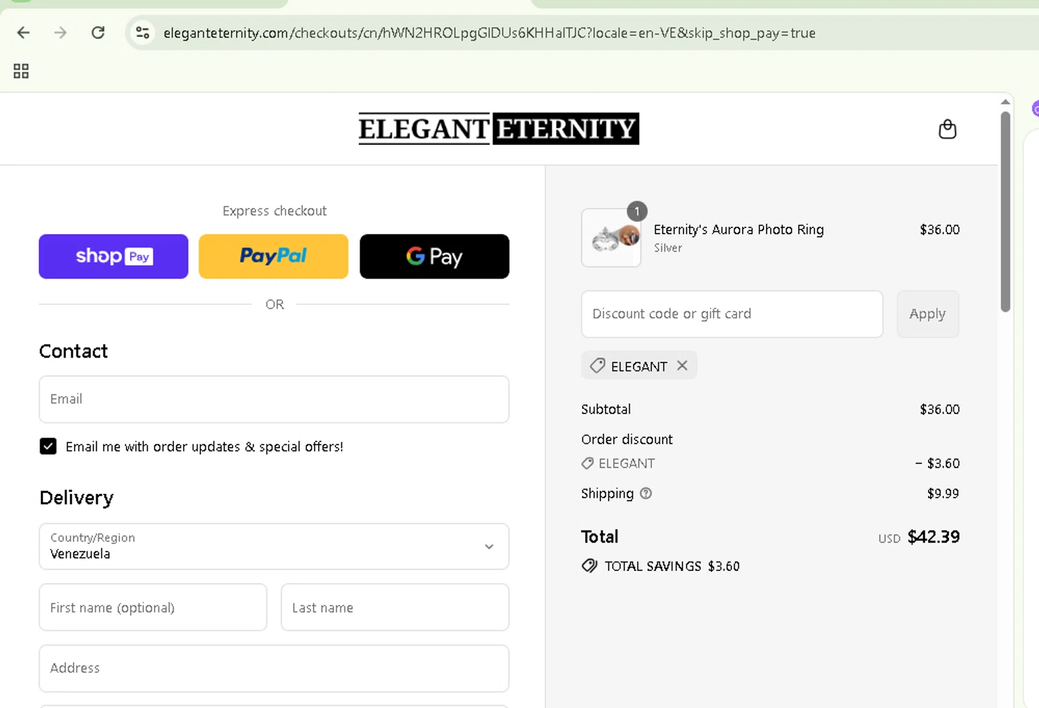 Elegant Eternity discount code screenshot showing code ELEGANT applied at Elegant Eternity checkout page. Uploaded by SimplyCodes community member NobleSentinel8535 on Aug 27, 2025