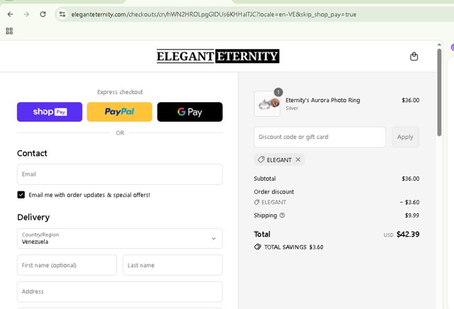 Elegant Eternity checkout page showing Elegant Eternity discount code box | Screenshot taken by SimplyCodes community member on Aug 27, 2025