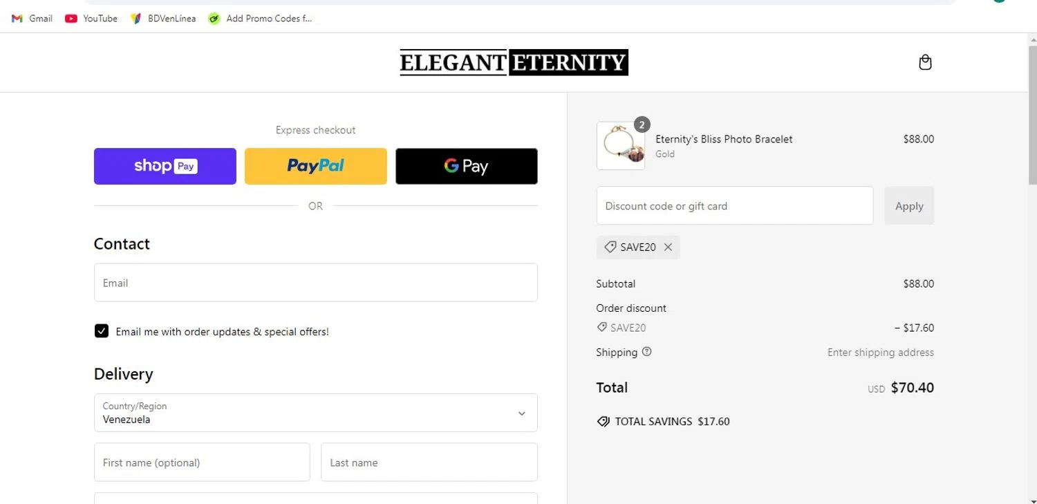 Elegant Eternity discount code screenshot showing code SAVE20 applied at Elegant Eternity checkout page. Uploaded by SimplyCodes community member yennifergonzalez on Jan 22, 2025