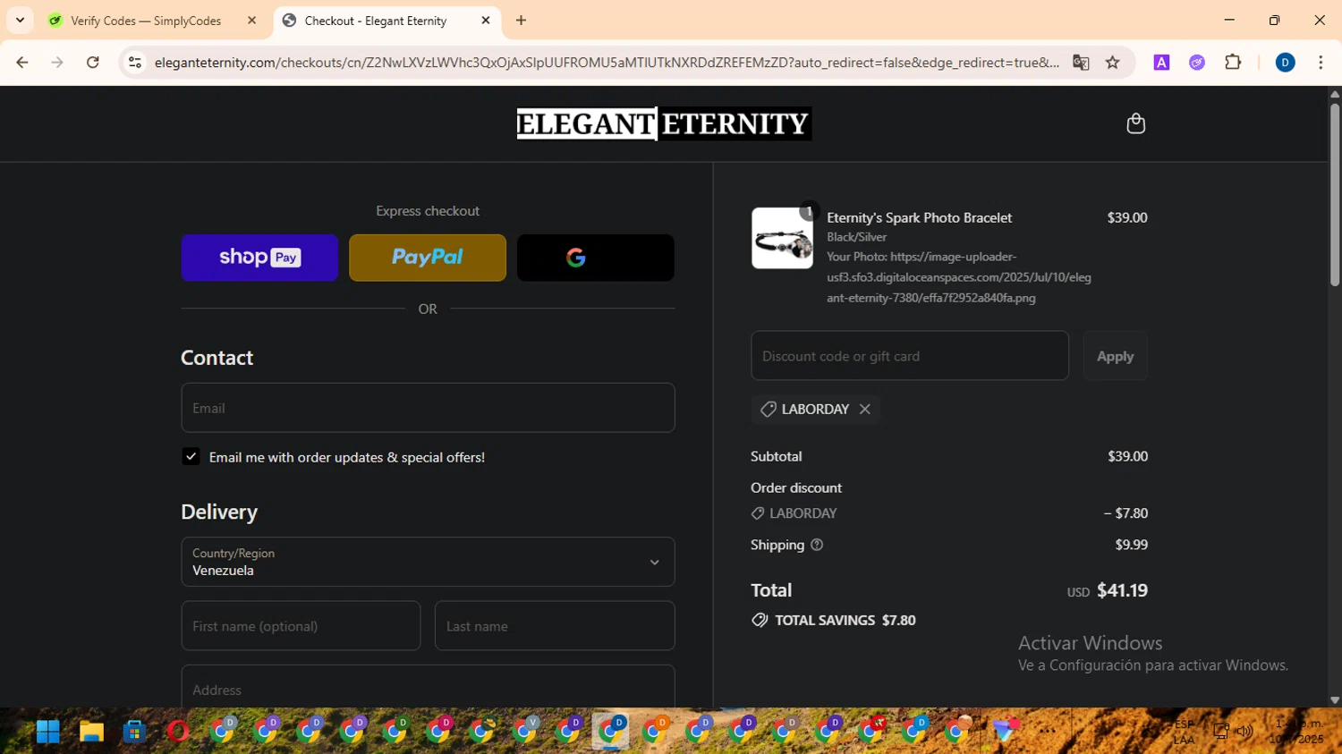 Elegant Eternity discount code screenshot showing code laborday applied at Elegant Eternity checkout page. Uploaded by SimplyCodes community member DealVoyager8768 on Jul 10, 2025