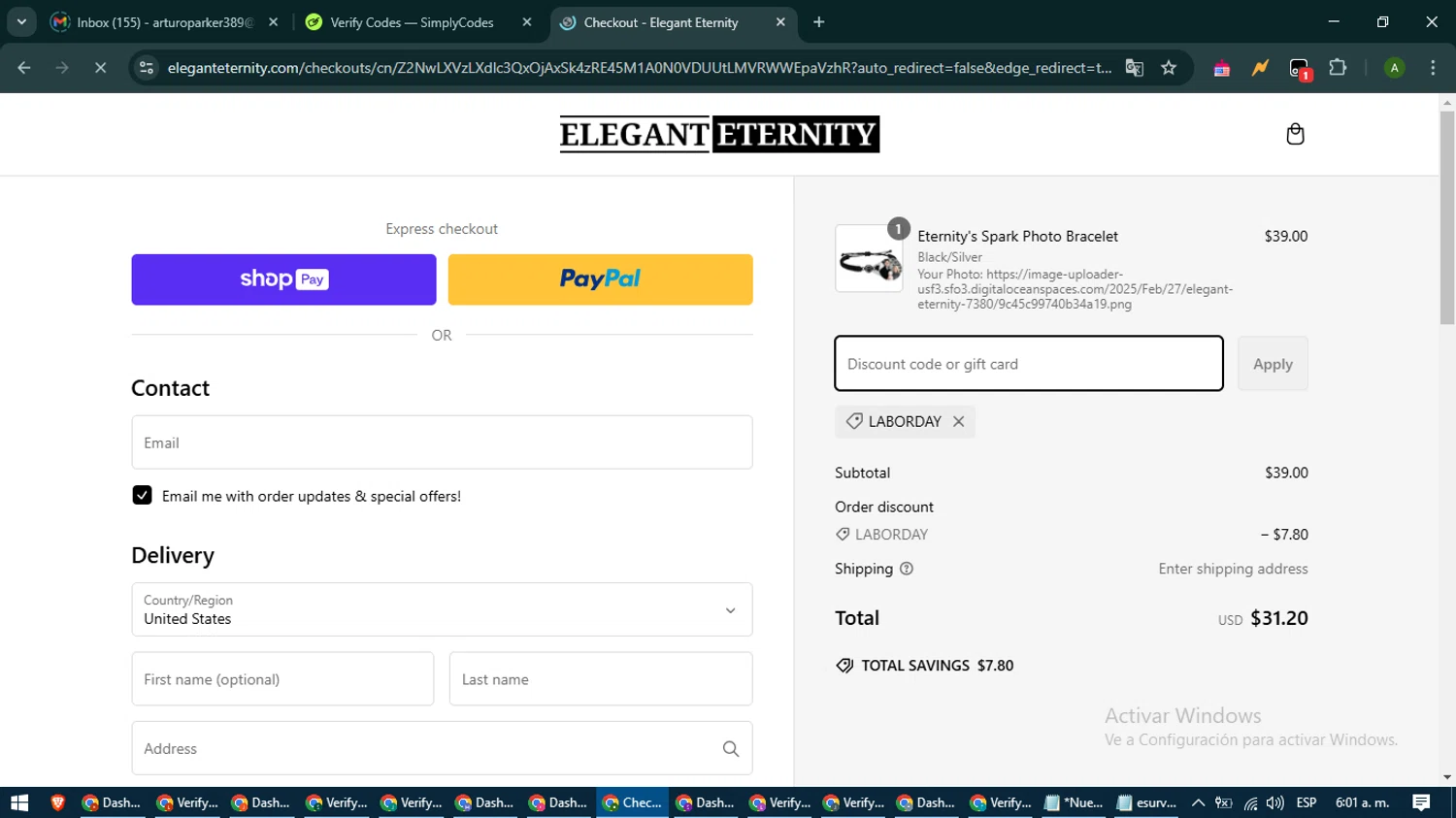 Elegant Eternity discount code screenshot showing code laborday applied at Elegant Eternity checkout page. Uploaded by SimplyCodes community member CashLynx5338 on Feb 27, 2025