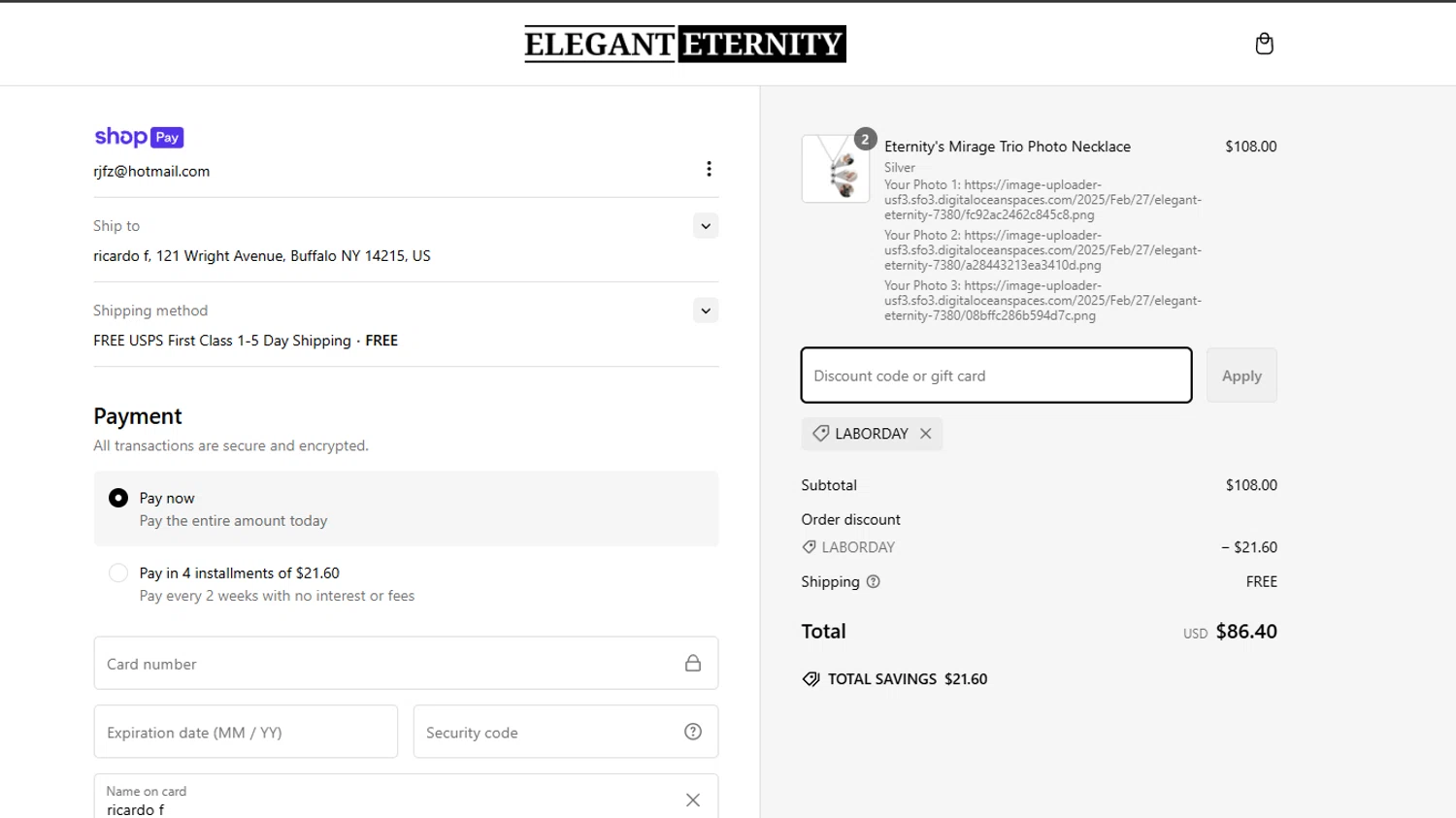 Elegant Eternity discount code screenshot showing code laborday applied at Elegant Eternity checkout page. Uploaded by SimplyCodes community member BonusDefender8823 on Feb 27, 2025