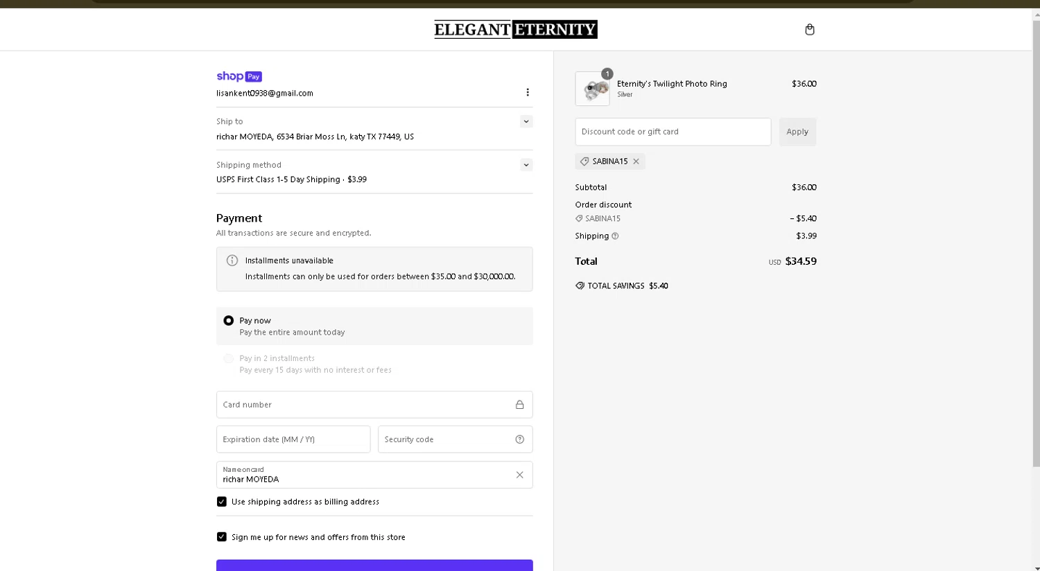 Elegant Eternity discount code screenshot showing code sabina15 applied at Elegant Eternity checkout page. Uploaded by SimplyCodes community member Danmiel007 on Jan 22, 2025