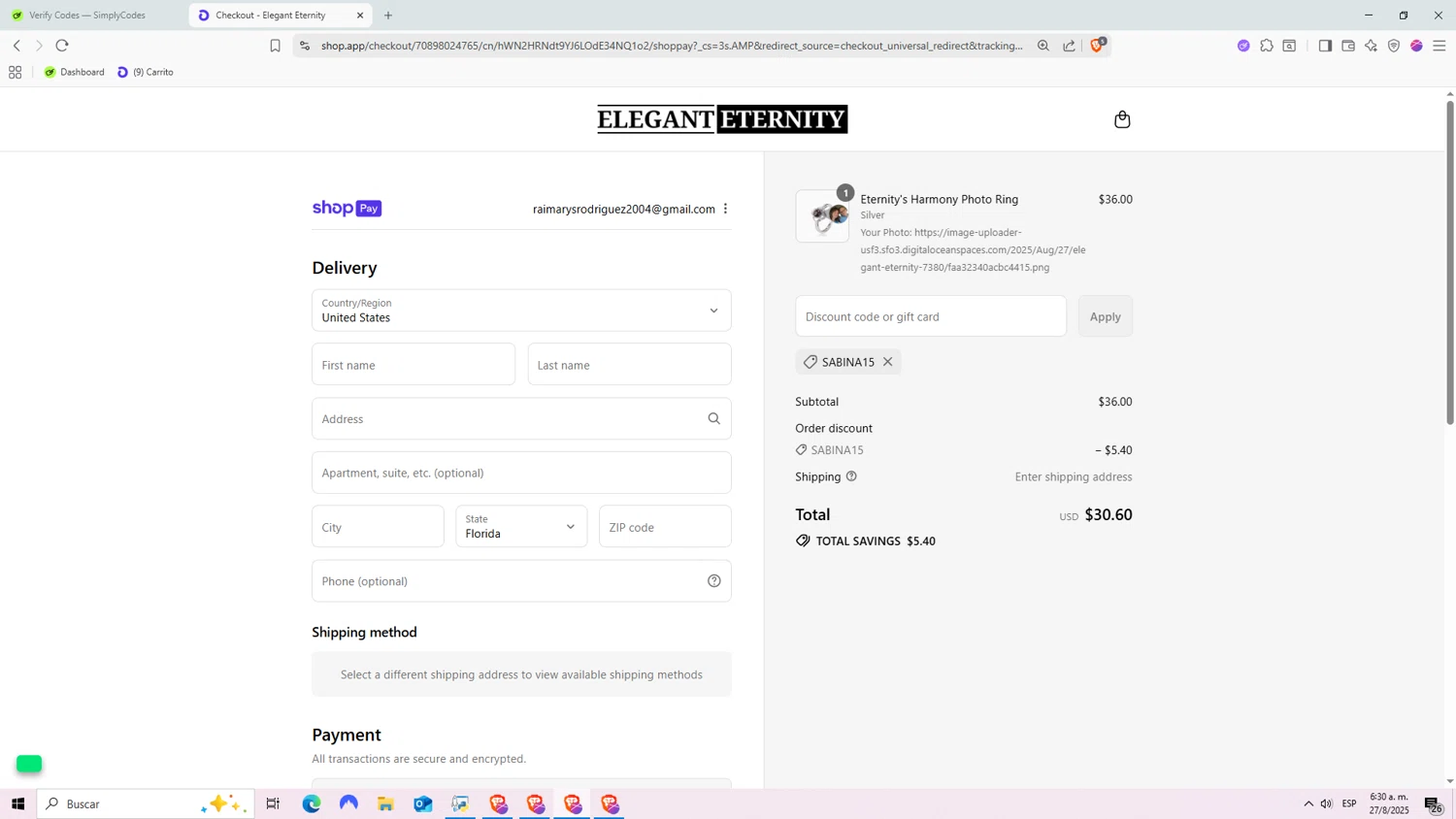 Elegant Eternity discount code screenshot showing code sabina15 applied at Elegant Eternity checkout page. Uploaded by SimplyCodes community member Raiiii18 on Aug 27, 2025