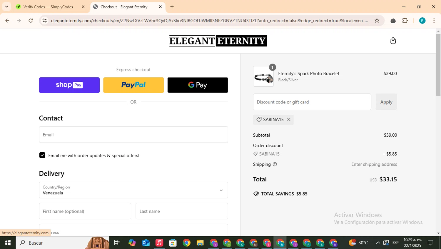 Elegant Eternity discount code screenshot showing code sabina15 applied at Elegant Eternity checkout page. Uploaded by SimplyCodes community member BudgetHero4407 on Jan 22, 2025