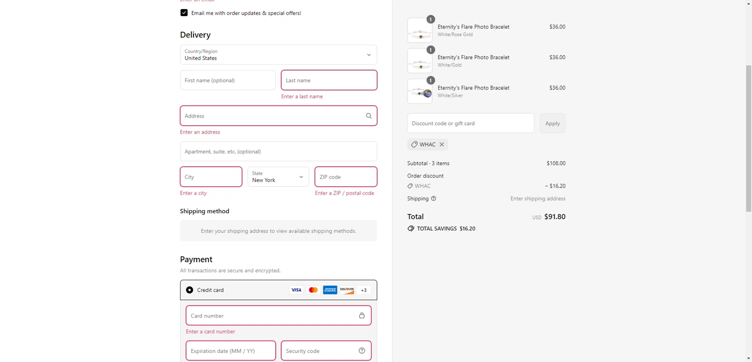 Elegant Eternity discount code screenshot showing code WHAC applied at Elegant Eternity checkout page. Uploaded by SimplyCodes community member CrownTiger6508 on Aug 17, 2025