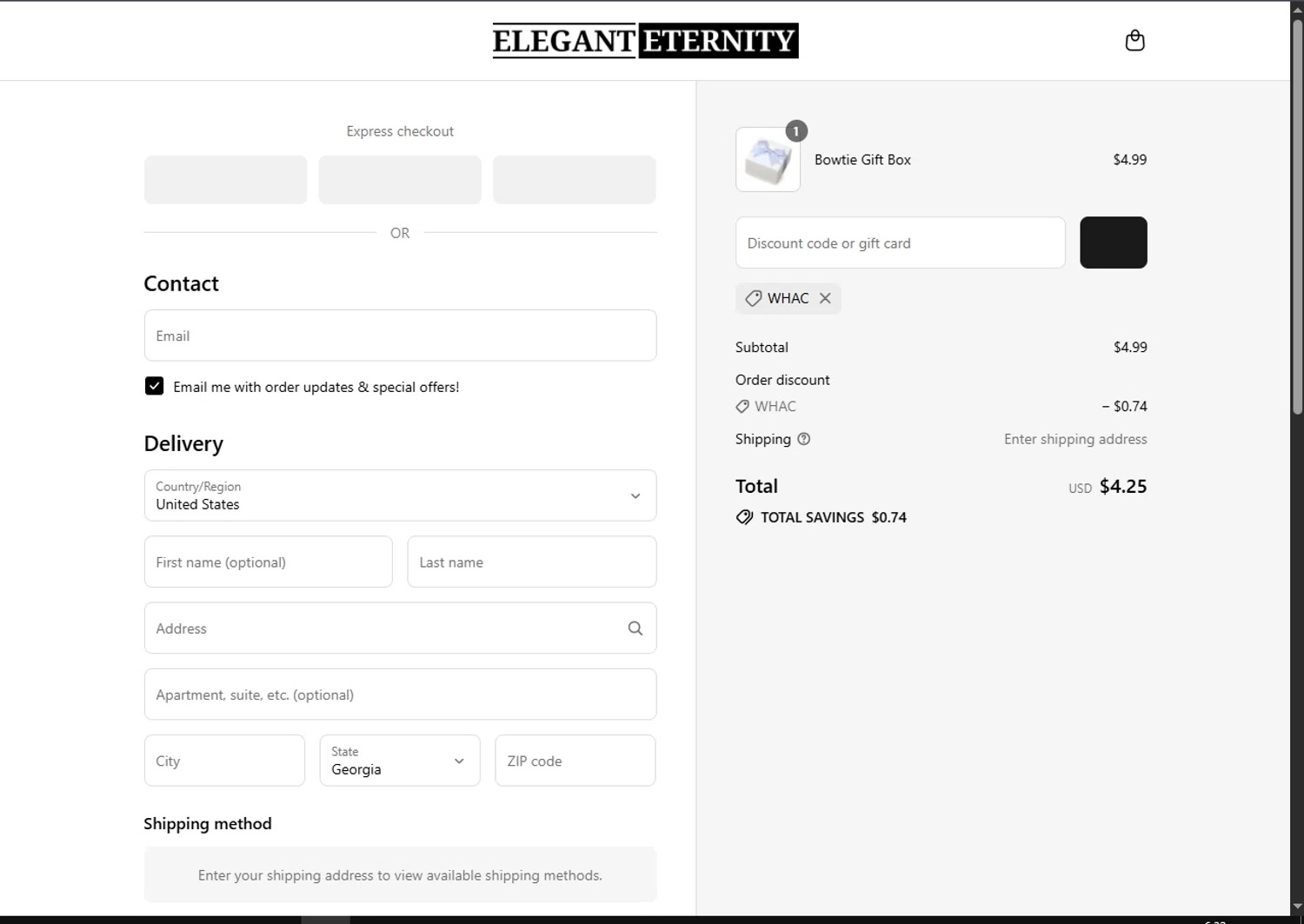 Elegant Eternity discount code screenshot showing code WHAC applied at Elegant Eternity checkout page. Uploaded by SimplyCodes community member VoucherFinder3467 on Aug 27, 2025