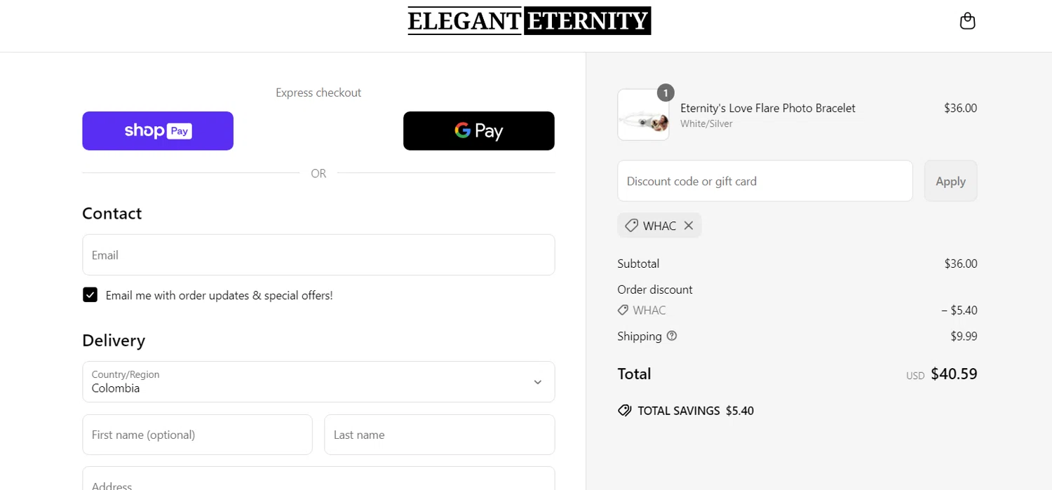 Elegant Eternity discount code screenshot showing code WHAC applied at Elegant Eternity checkout page. Uploaded by SimplyCodes community member perrasimplera on Mar 28, 2025