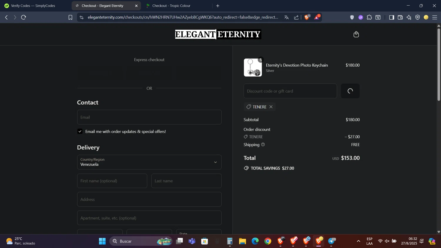 Elegant Eternity discount code screenshot showing code TENERE applied at Elegant Eternity checkout page. Uploaded by SimplyCodes community member PennyScholar593 on Aug 27, 2025