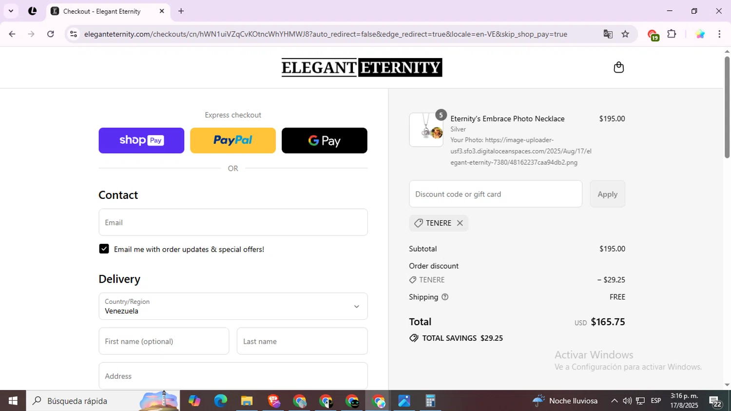 Elegant Eternity discount code screenshot showing code TENERE applied at Elegant Eternity checkout page. Uploaded by SimplyCodes community member CleverSage9163 on Aug 17, 2025