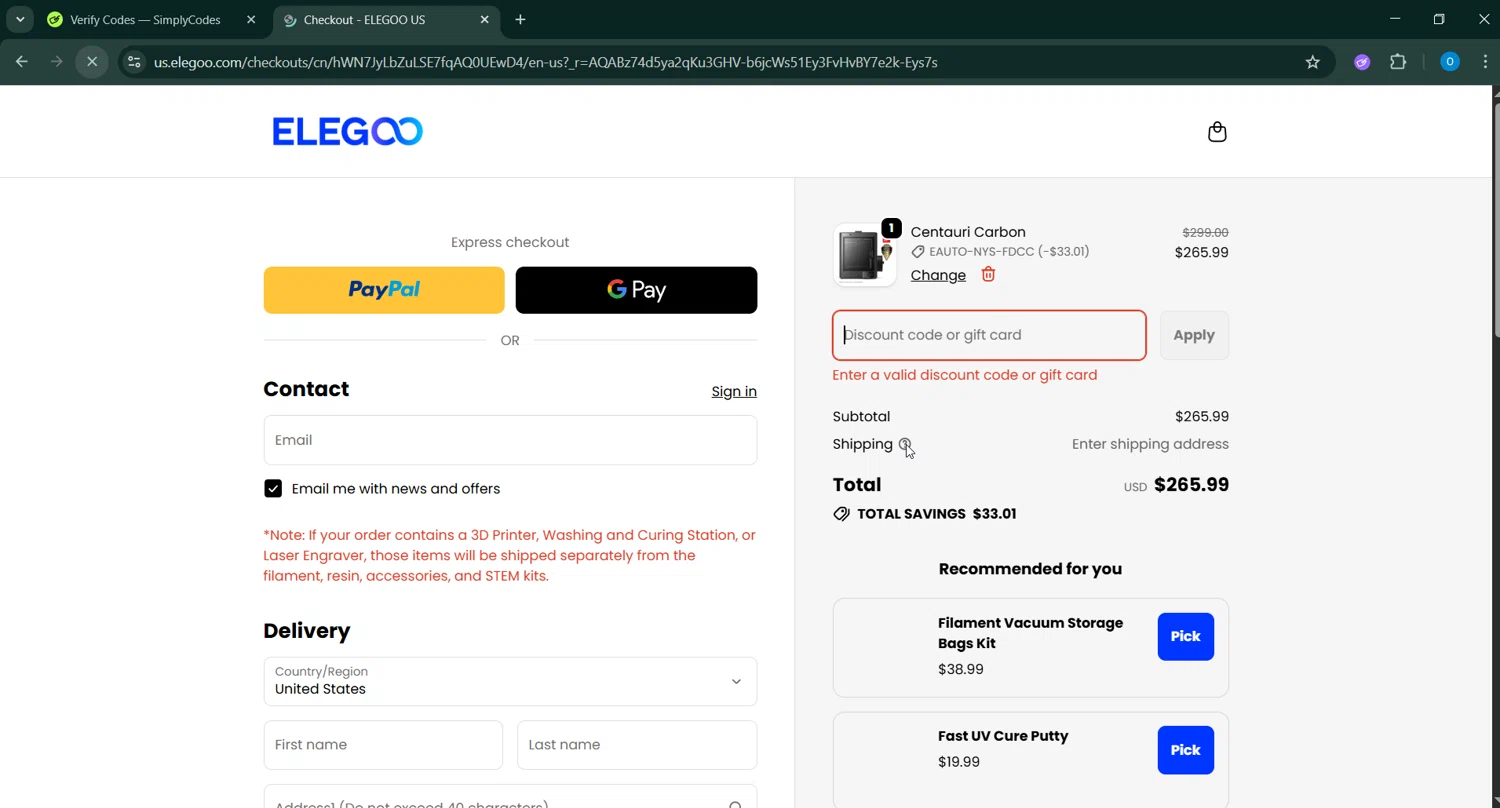 ELEGOO promo code screenshot showing code IME15 applied at ELEGOO checkout page. Uploaded by SimplyCodes community member GoldChaser6627 on Jan 7, 2026
