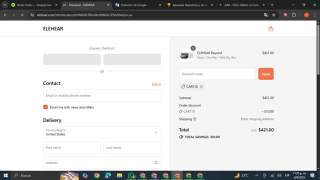 ELEHEAR checkout page showing ELEHEAR discount code box | Screenshot taken by SimplyCodes community member on Sep 9, 2025