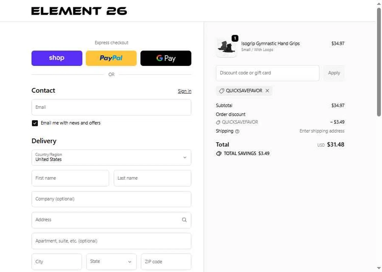 Element 26 discount code screenshot showing code quicksavefavor applied at Element 26 checkout page. Uploaded by SimplyCodes community member LOgoter on Jan 27, 2026