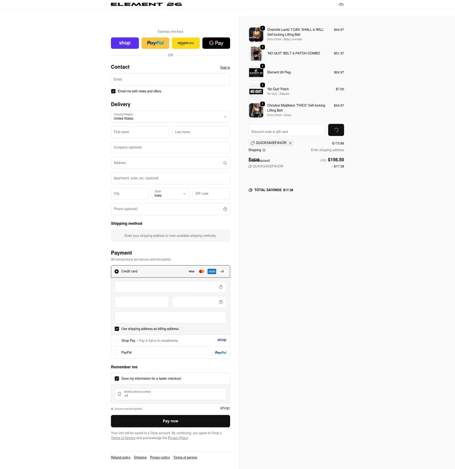 Element 26 discount code screenshot showing code quicksavefavor applied at Element 26 checkout page. Uploaded by SimplyCodes community member LOgoter on Jan 6, 2026