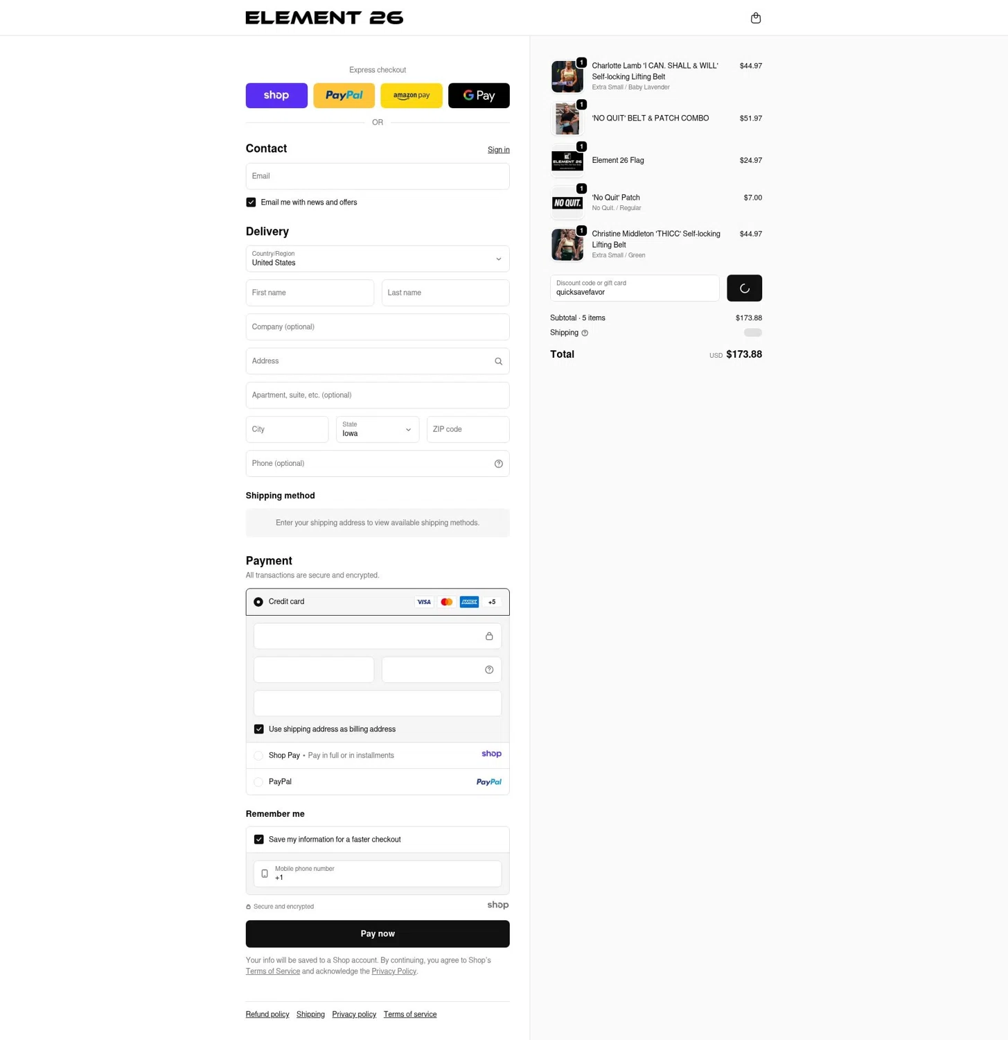 Element 26 discount code screenshot showing code quicksavefavor applied at Element 26 checkout page. Uploaded by SimplyCodes community member saltediosteve on Dec 29, 2025