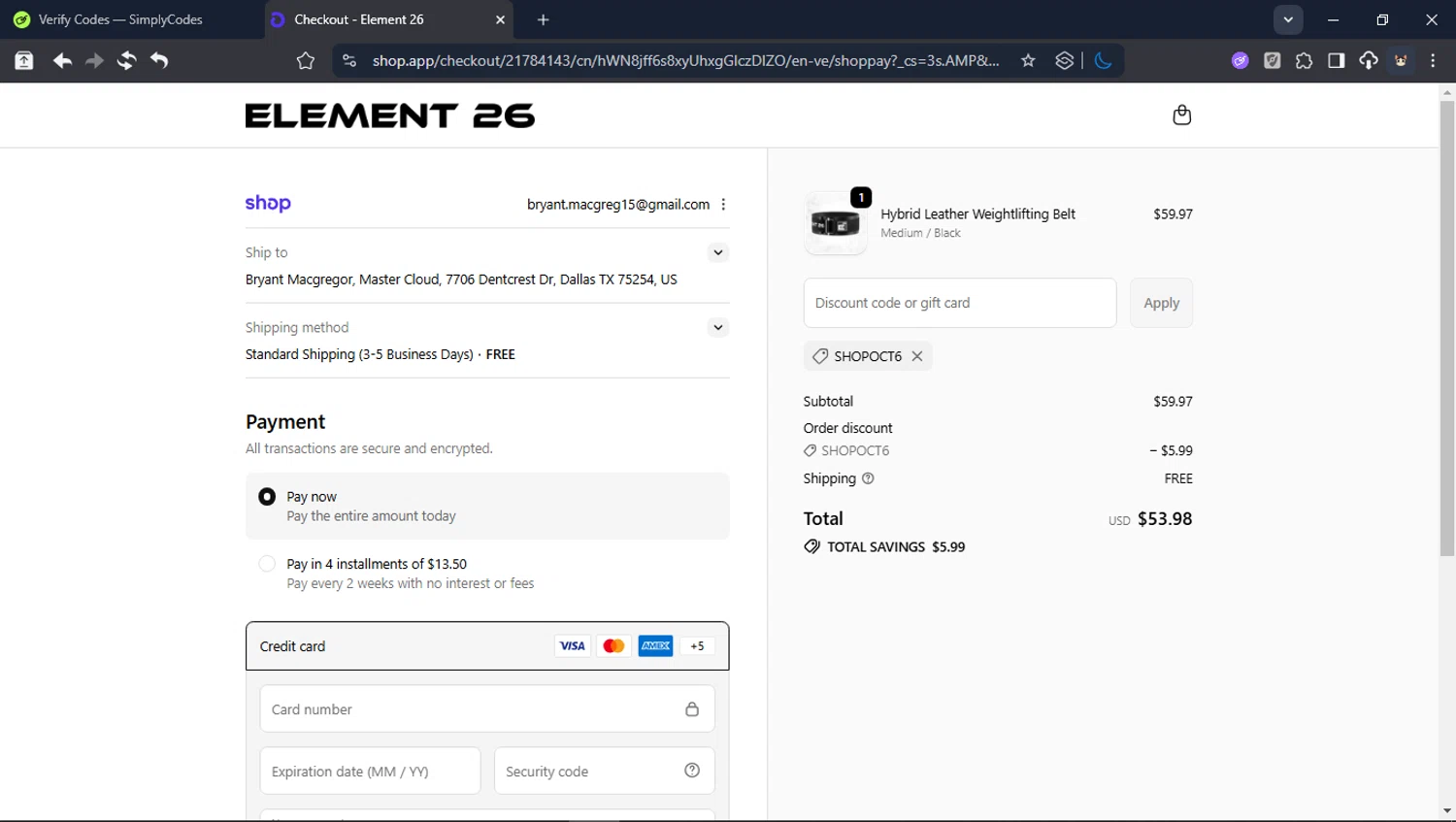 Element 26 checkout page showing Element 26 discount code box | Screenshot taken by SimplyCodes community member on Feb 13, 2026