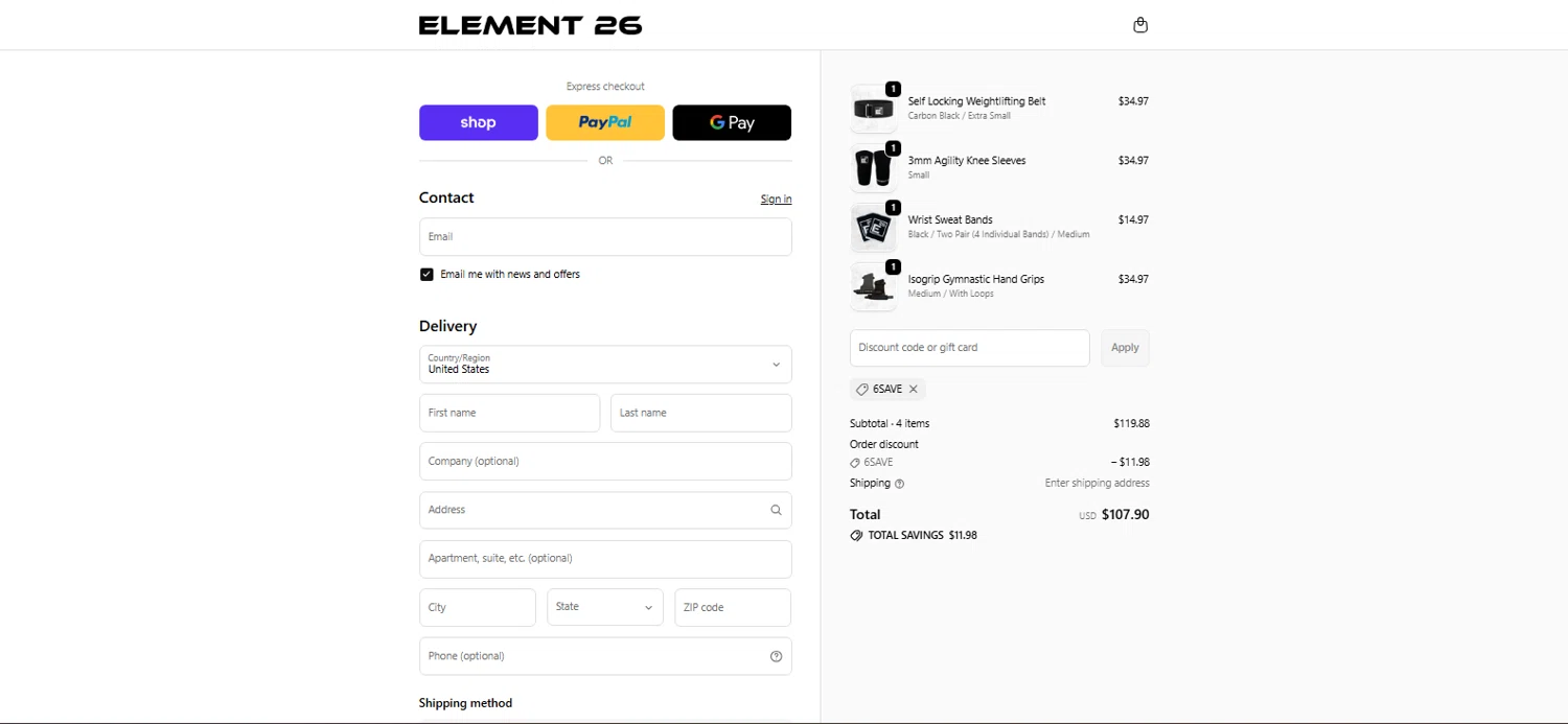 Element 26 discount code screenshot showing code 6save applied at Element 26 checkout page. Uploaded by SimplyCodes community member pradenest_e8ec on Dec 1, 2025