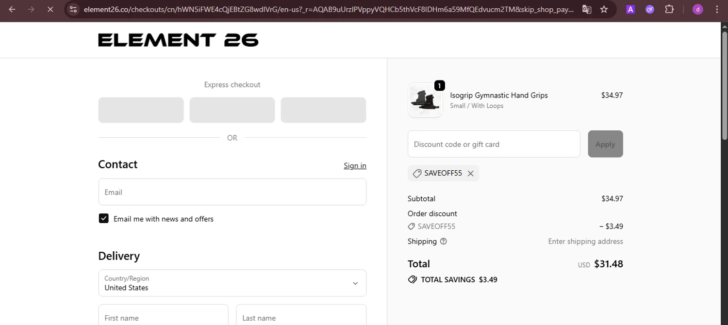 Element 26 discount code screenshot showing code SAVEOFF55 applied at Element 26 checkout page. Uploaded by SimplyCodes community member PennyTiger4891 on Nov 25, 2025