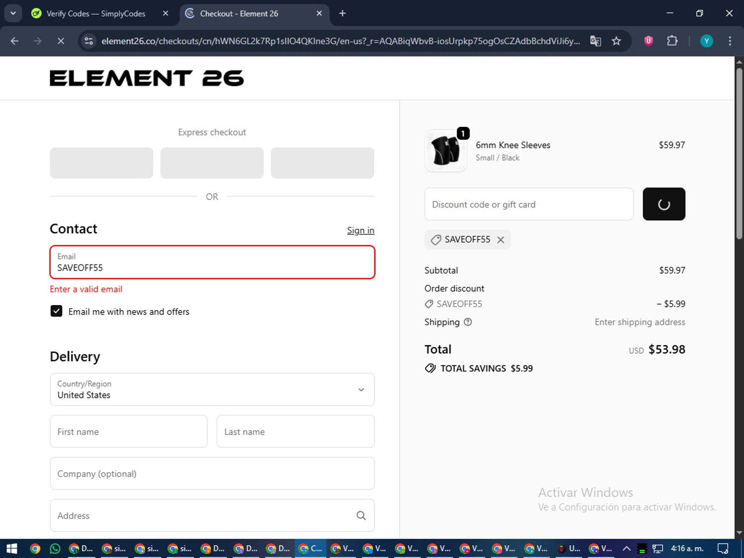 Element 26 discount code screenshot showing code SAVEOFF55 applied at Element 26 checkout page. Uploaded by SimplyCodes community member RoyalEagle4794 on Dec 10, 2025