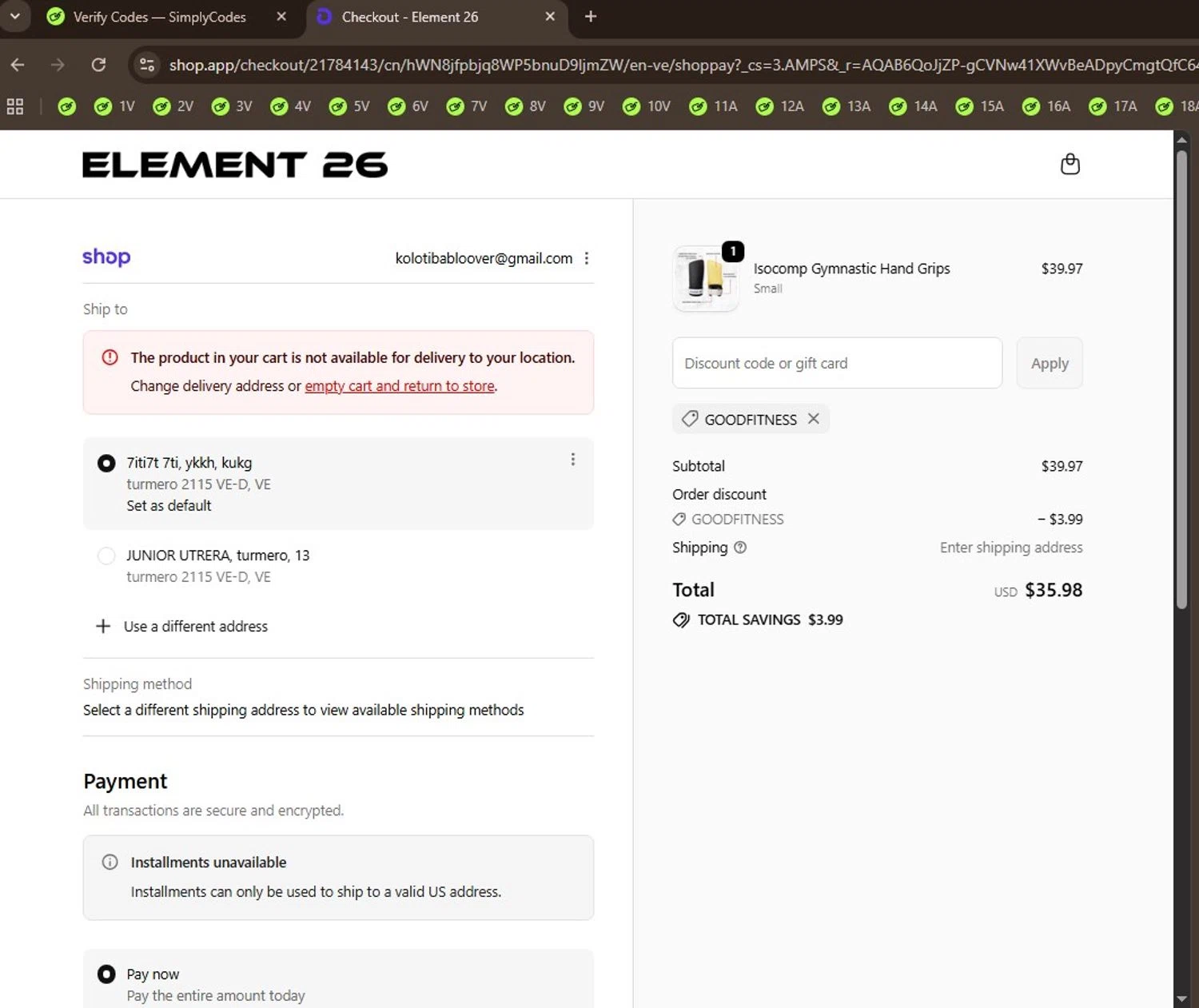 Element 26 checkout page showing Element 26 discount code box | Screenshot taken by SimplyCodes community member on Feb 13, 2026