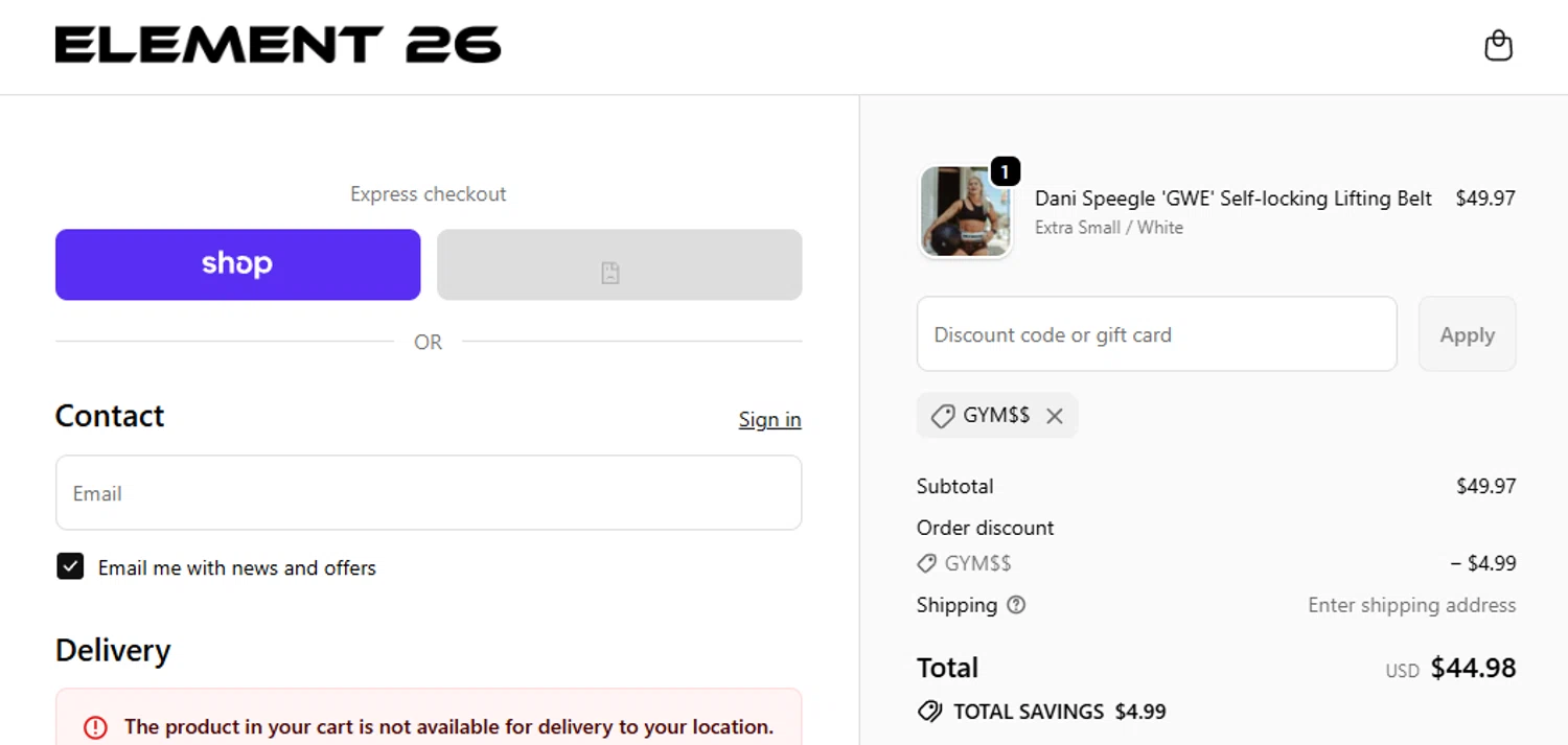 Element 26 discount code screenshot showing code Gym$$ applied at Element 26 checkout page. Uploaded by SimplyCodes community member Josemedina on Dec 26, 2025