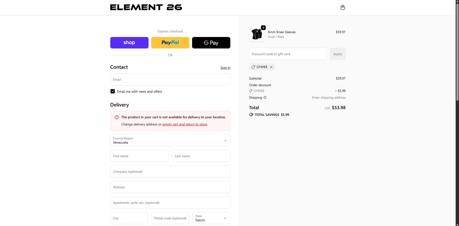 Element 26 discount code screenshot showing code Gym$$ applied at Element 26 checkout page. Uploaded by SimplyCodes community member MagnificentTitan8616 on Dec 23, 2025