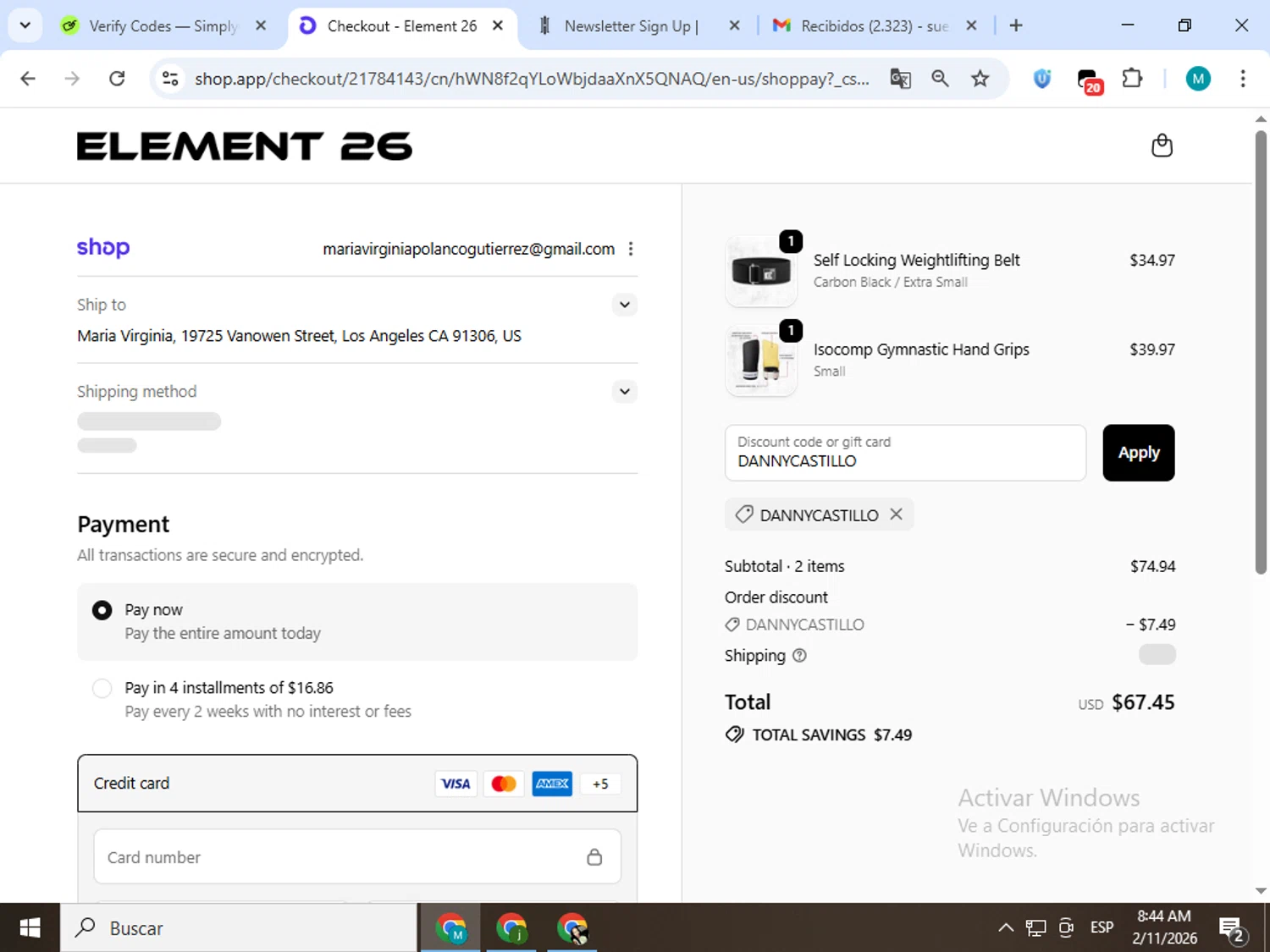 Element 26 checkout page showing Element 26 discount code box | Screenshot taken by SimplyCodes community member on Feb 11, 2026