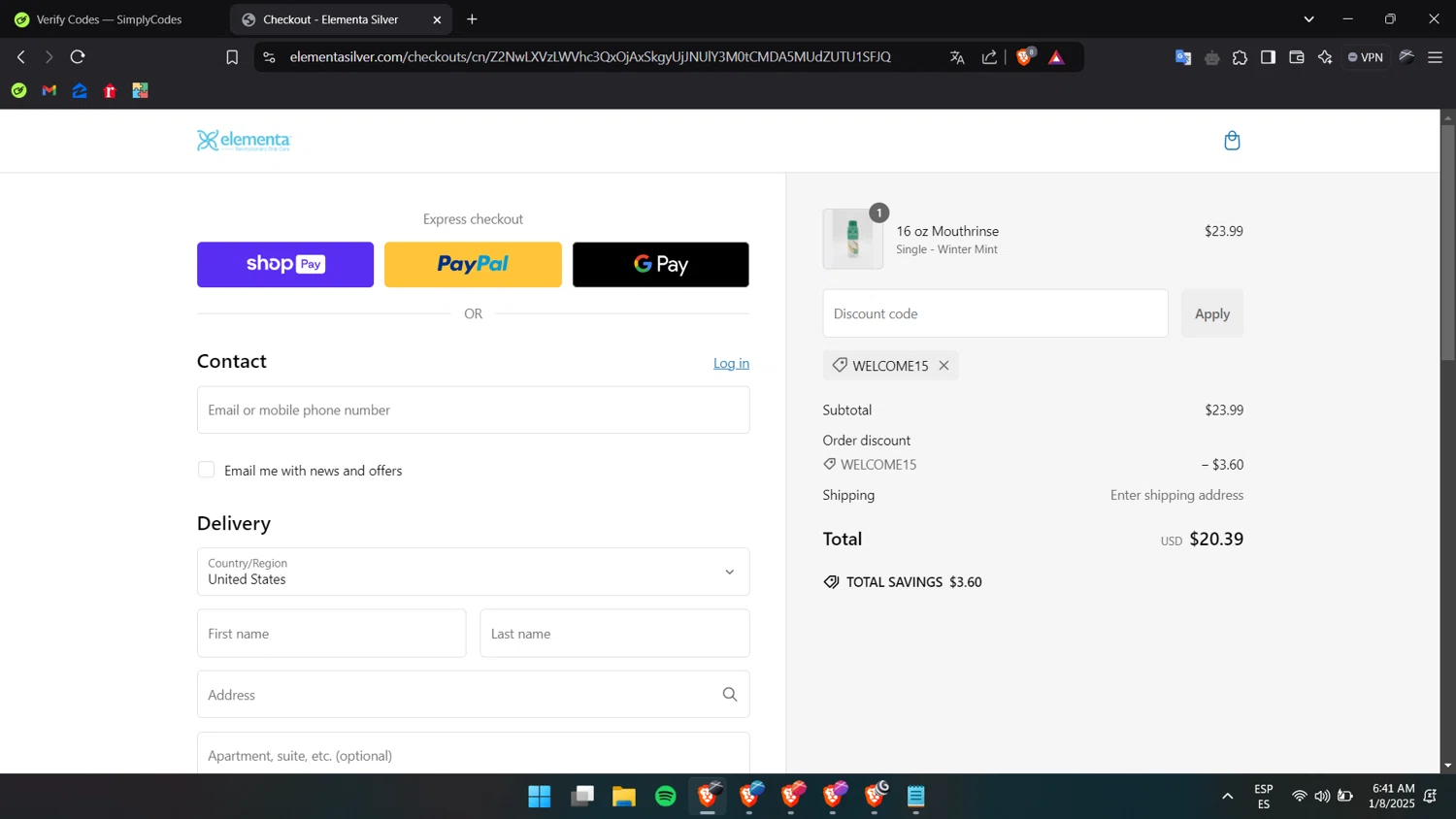 Elementa Silver coupon code screenshot showing code WELCOME15 applied at Elementa Silver checkout page. Uploaded by SimplyCodes community member Liiink on Jan 8, 2025