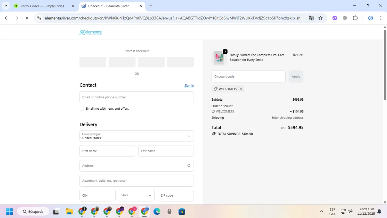 Elementa Silver coupon code screenshot showing code WELCOME15 applied at Elementa Silver checkout page. Uploaded by SimplyCodes community member greulis on Dec 11, 2025