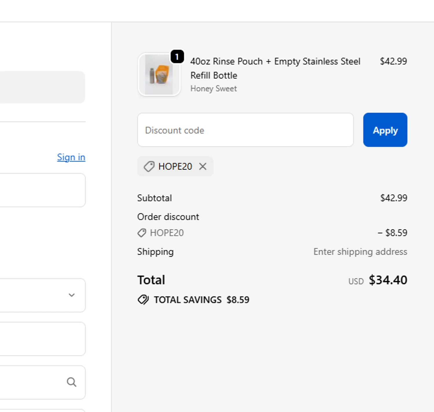 Elementa Silver coupon code screenshot showing code HOPE20 applied at Elementa Silver checkout page. Uploaded by SimplyCodes community member Kaizen on Oct 7, 2025
