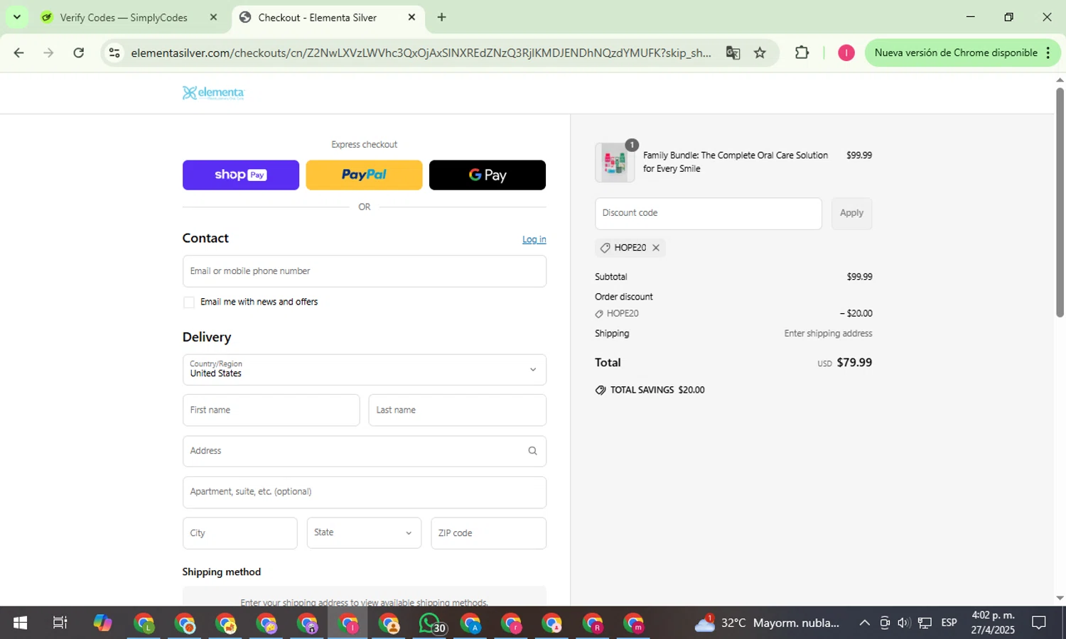 Elementa Silver coupon code screenshot showing code HOPE20 applied at Elementa Silver checkout page. Uploaded by SimplyCodes community member FortunateExpert1626 on Apr 27, 2025